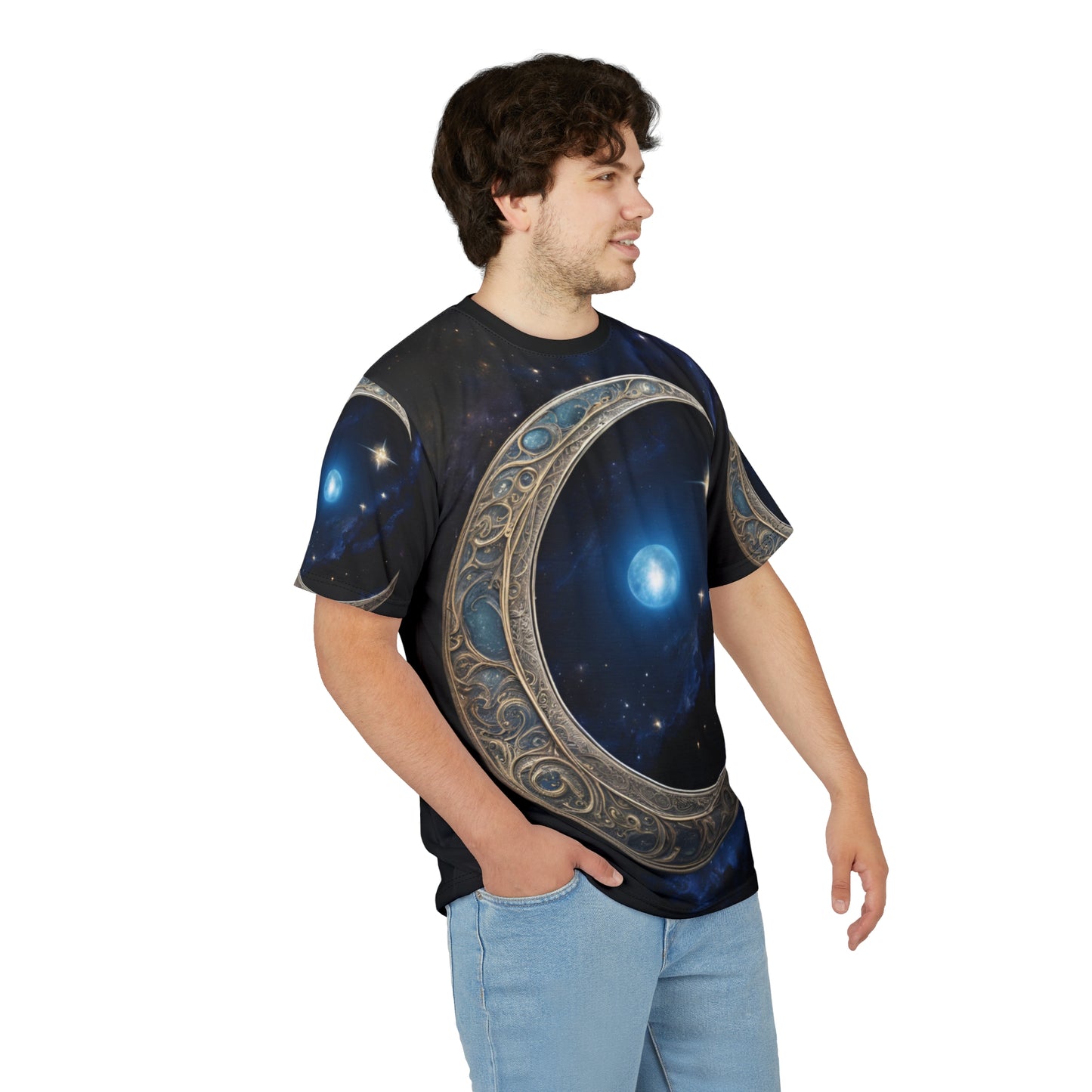Celestial Chic Unisex Cut & Sew Tee - Mystical Moon & Star Design, Celestial Crescent Moon AOP Shirt