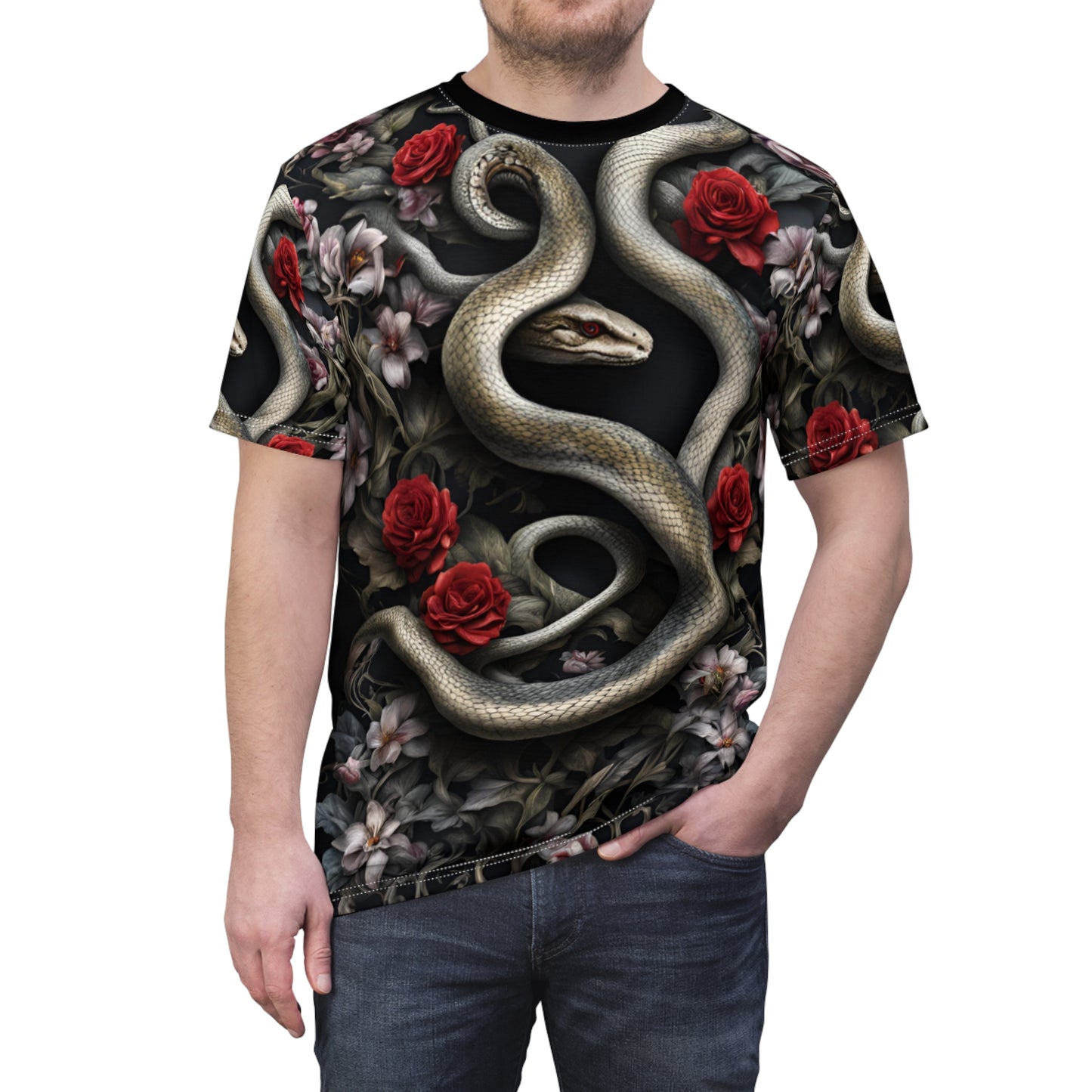 Serpent and Roses Unisex Tee - Edgy Floral Graphic Shirt