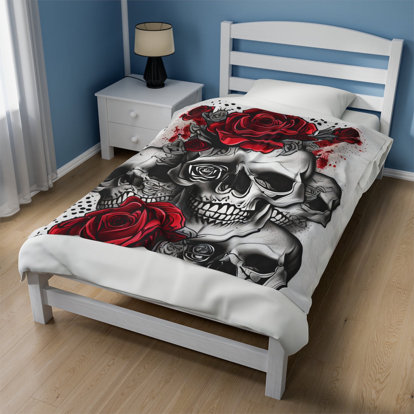 Skull and Roses Velveteen Plush Blanket, Skull and Roses Blanket, Halloween Blanket, Gothic Blanket, Skelton Blanket, Skull Goth Blanket