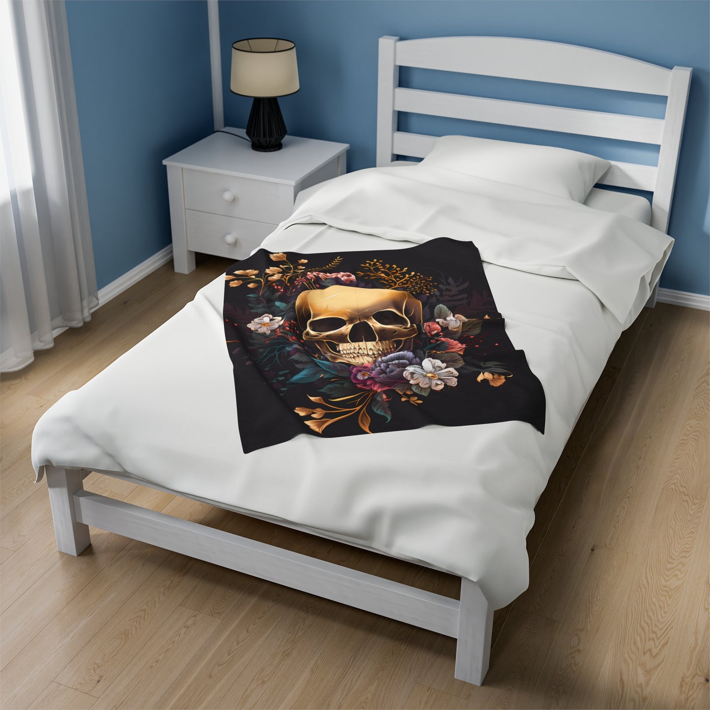 Skull and Flowers Velveteen Plush Blanket, Skull and Flowers Blanket, Gothic Design Blanket, Halloween Blanket, Skull and Flowers Gift
