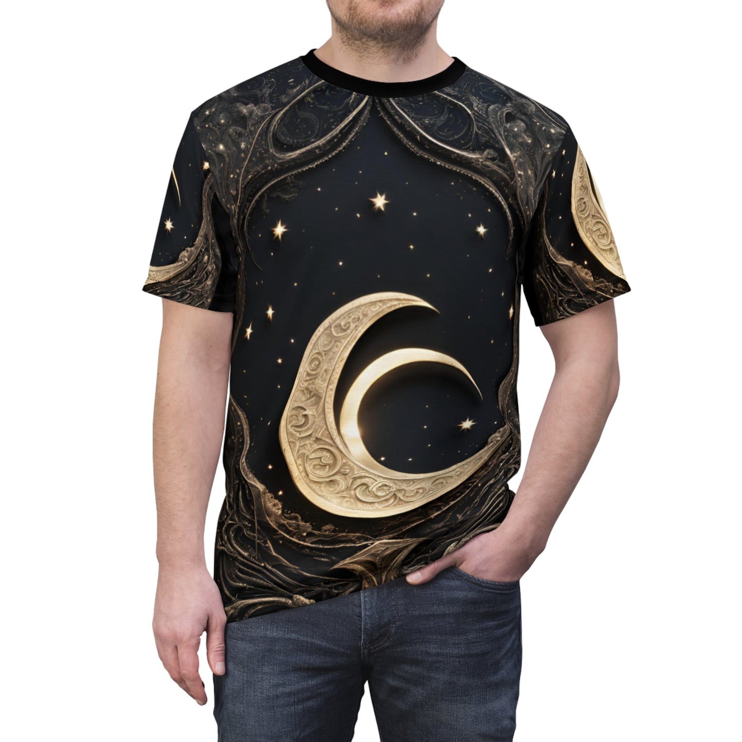 Celestial Moon Unisex Cut & Sew Tee - Night Sky Design for Dreamers, Celestial Crescent Moon AOP Shirt