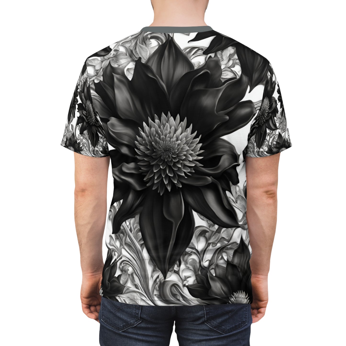 Elegant Floral Unisex Tee - Black & White Design, Gothic Black and White Flowers Shirt, Goth Flowers AOP Shirt