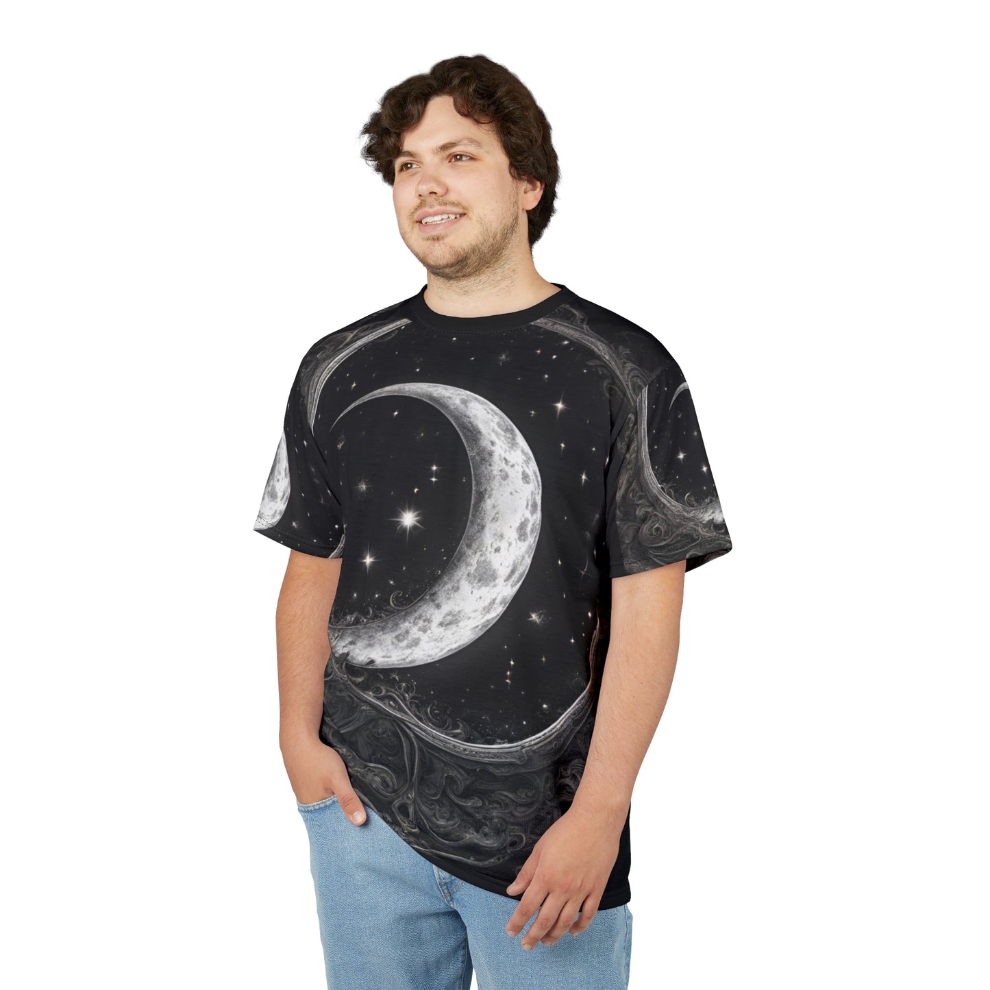 Celestial Moon Unisex Tee - Cosmic Black Design, Black and White Celestial Crescent Moon AOP Shirt