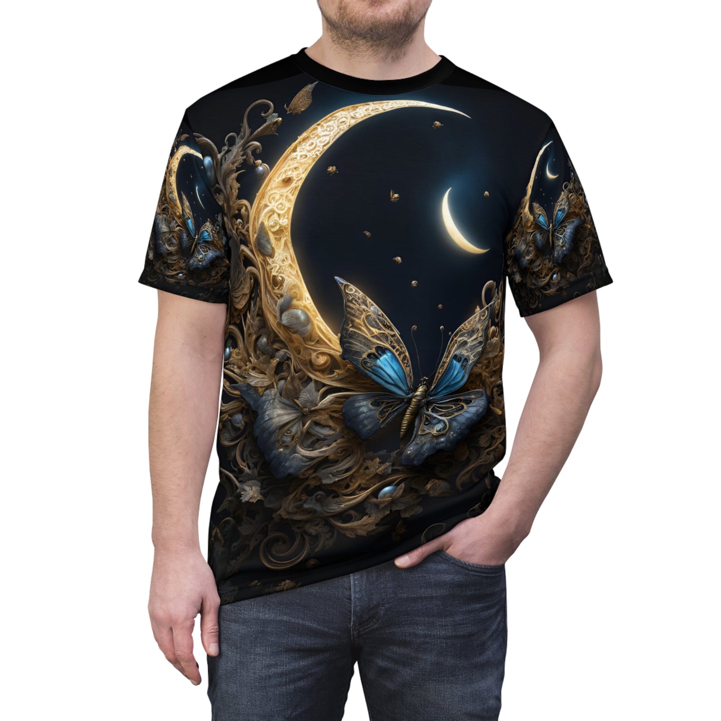 Majestic Butterfly Moon Unisex Tee - Celestial Art & Nature Design, Celestial Butterfly AOP Shirt
