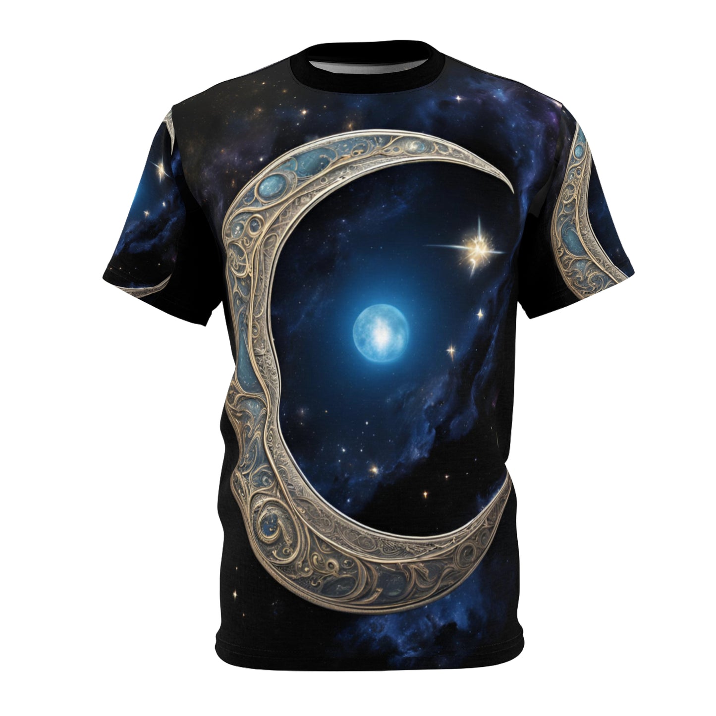 Celestial Chic Unisex Cut & Sew Tee - Mystical Moon & Star Design, Celestial Crescent Moon AOP Shirt