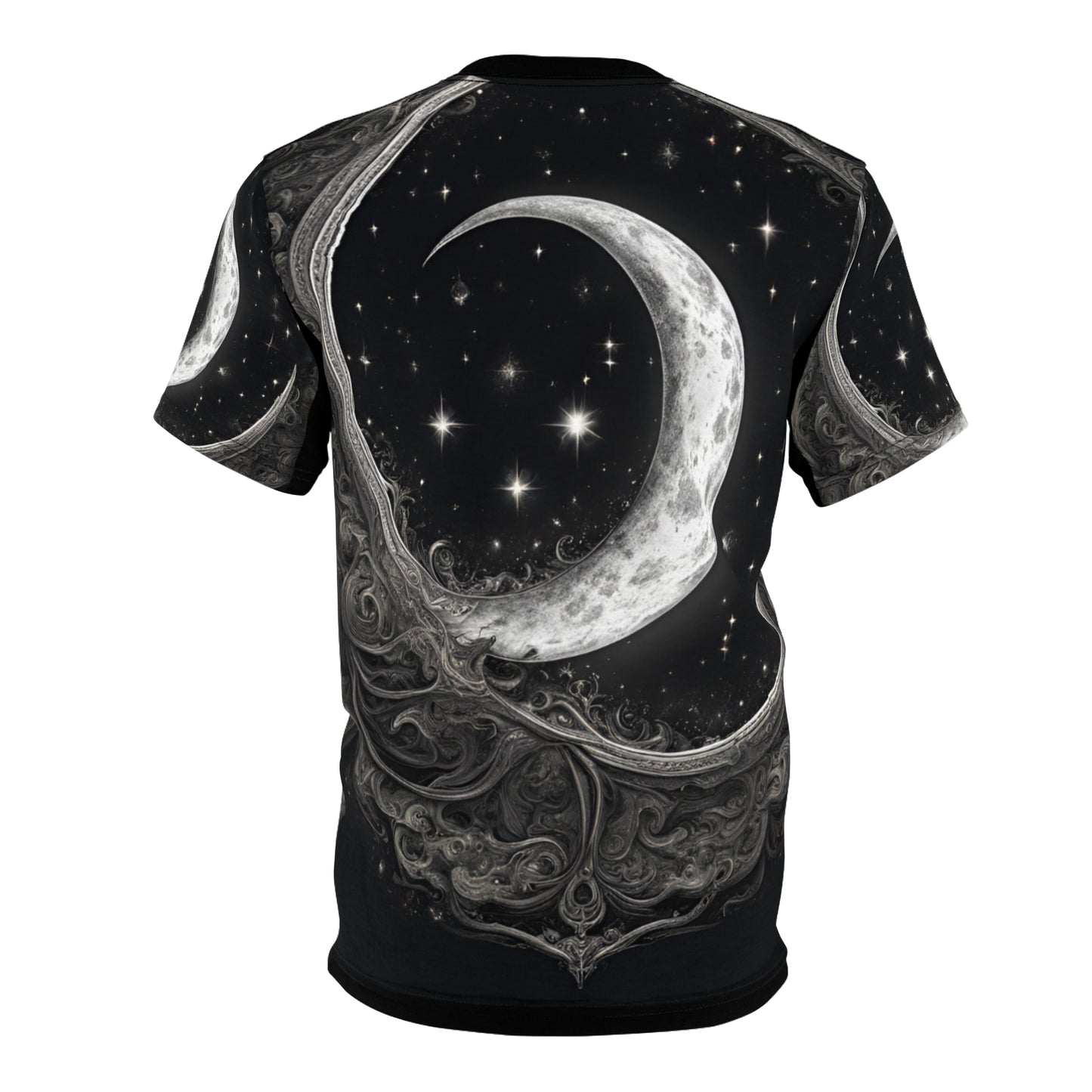 Celestial Moon Unisex Tee - Cosmic Black Design, Black and White Celestial Crescent Moon AOP Shirt