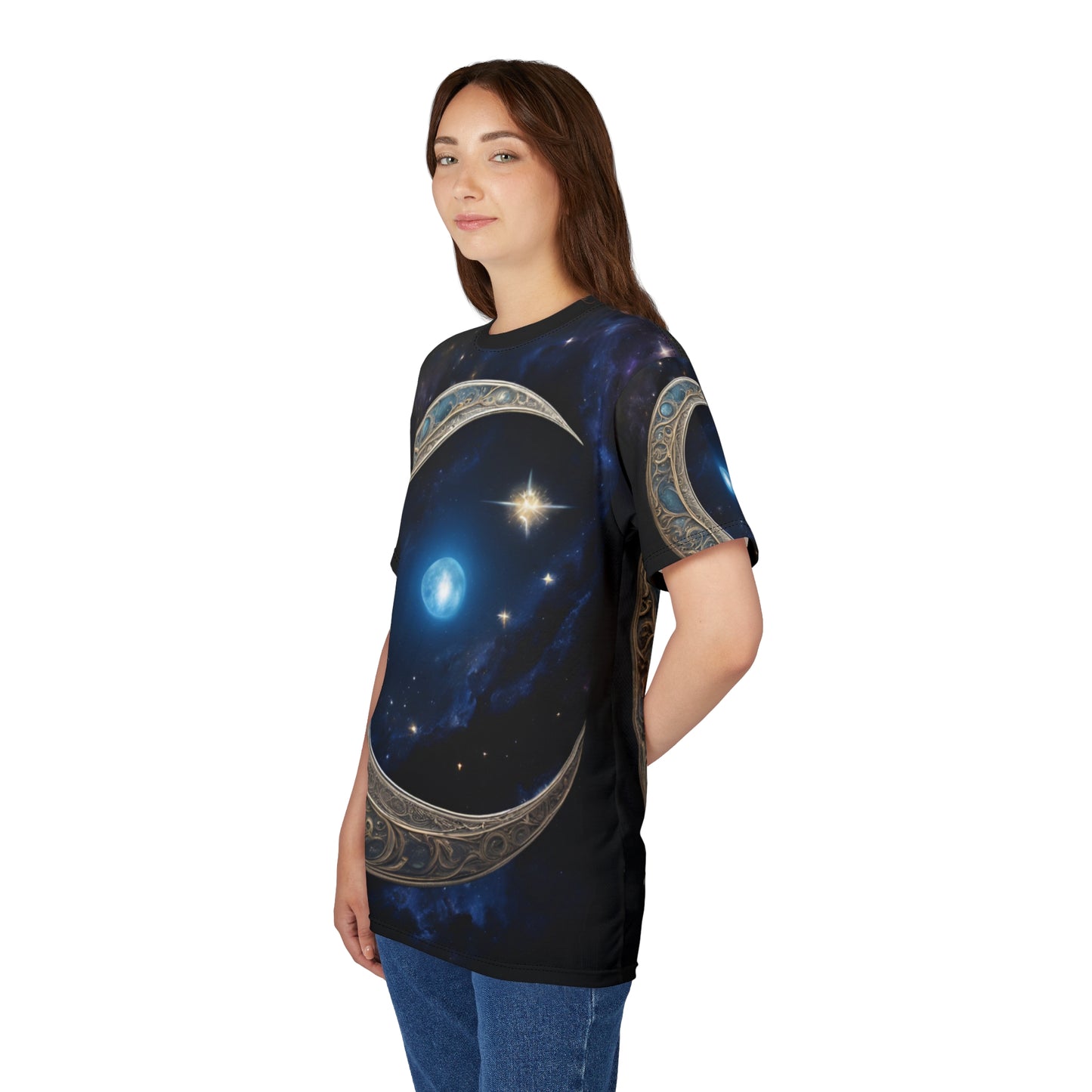 Celestial Chic Unisex Cut & Sew Tee - Mystical Moon & Star Design, Celestial Crescent Moon AOP Shirt