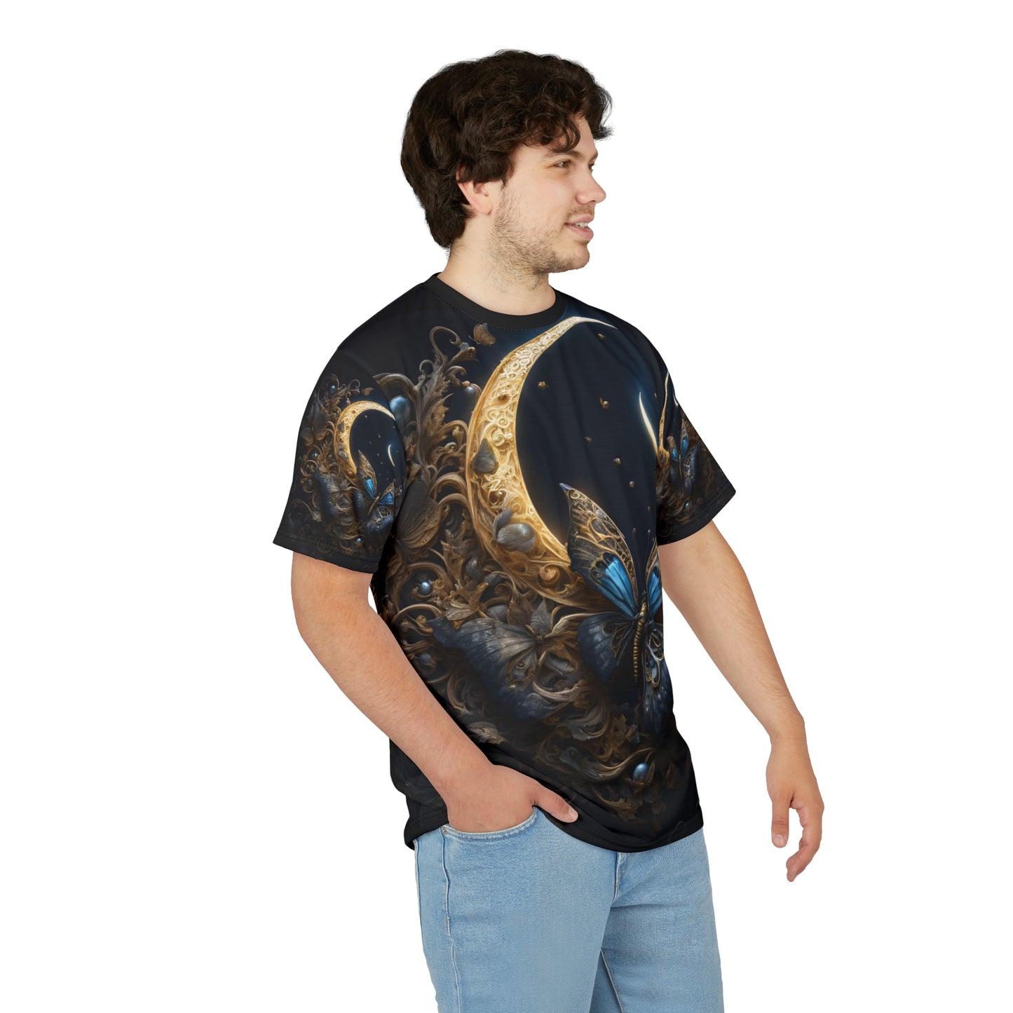 Majestic Butterfly Moon Unisex Tee - Celestial Art & Nature Design, Celestial Butterfly AOP Shirt