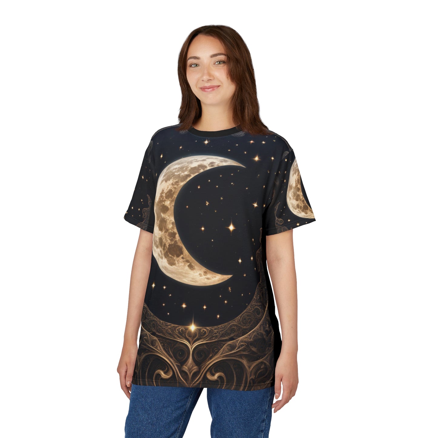 Celestial Moon Unisex Cut & Sew Tee - Night Sky Graphic T-Shirt, Celestial Crescent Moon AOP Shirt