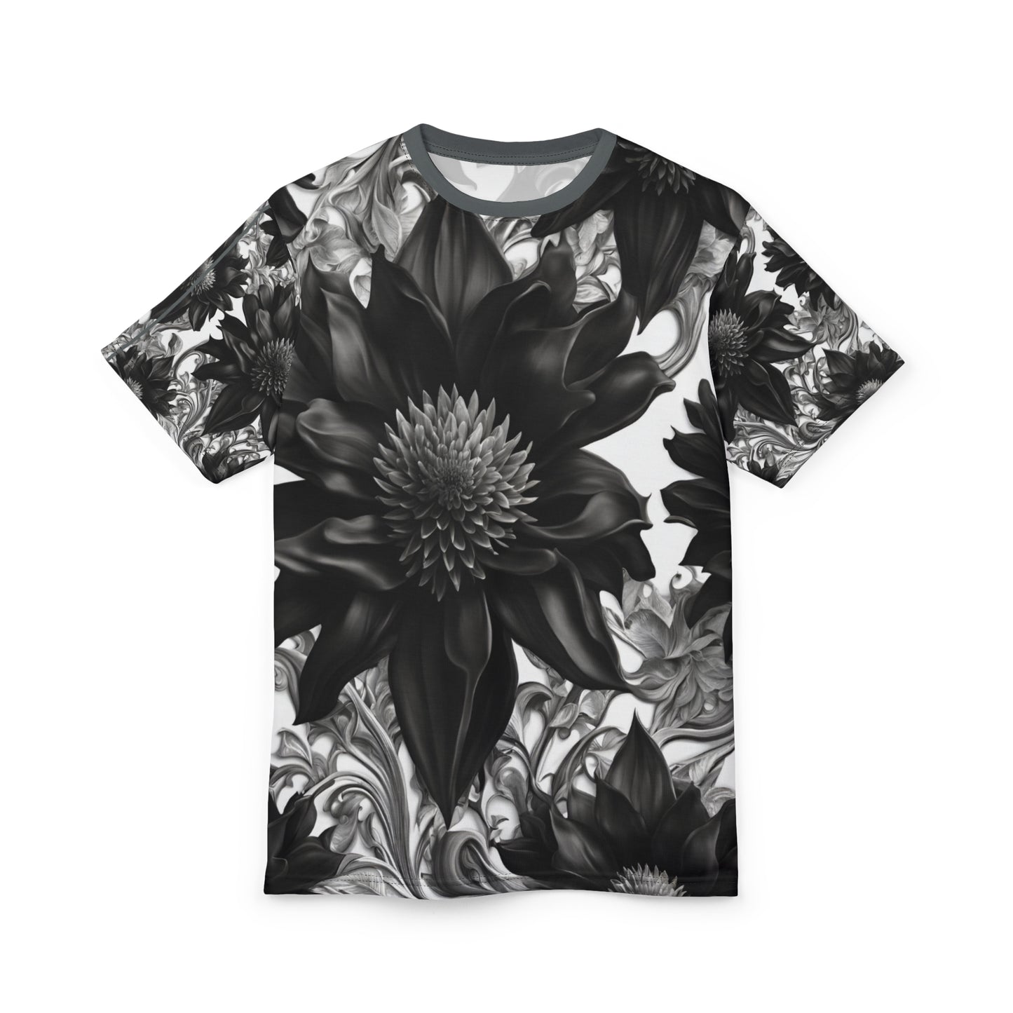 Elegant Floral Unisex Tee - Black & White Design, Gothic Black and White Flowers Shirt, Goth Flowers AOP Shirt