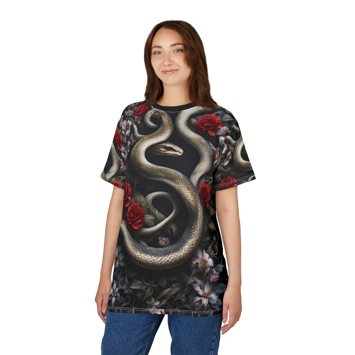 Serpent and Roses Unisex Tee - Edgy Floral Graphic Shirt