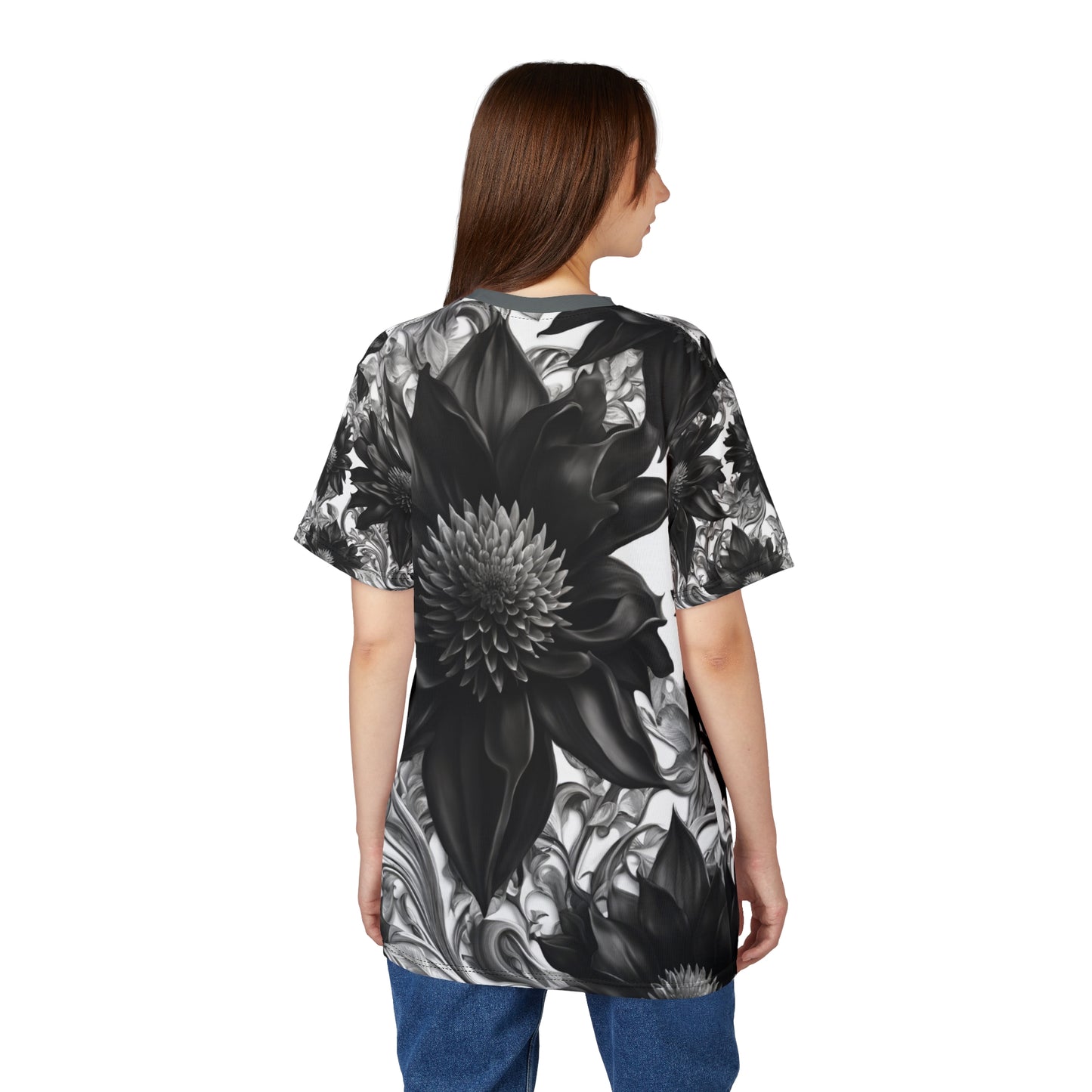 Elegant Floral Unisex Tee - Black & White Design, Gothic Black and White Flowers Shirt, Goth Flowers AOP Shirt