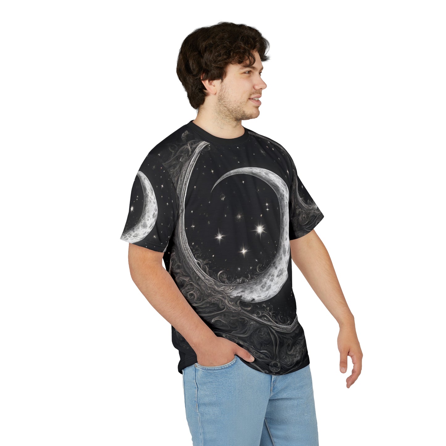 Celestial Moon Unisex Tee - Cosmic Black Design, Black and White Celestial Crescent Moon AOP Shirt