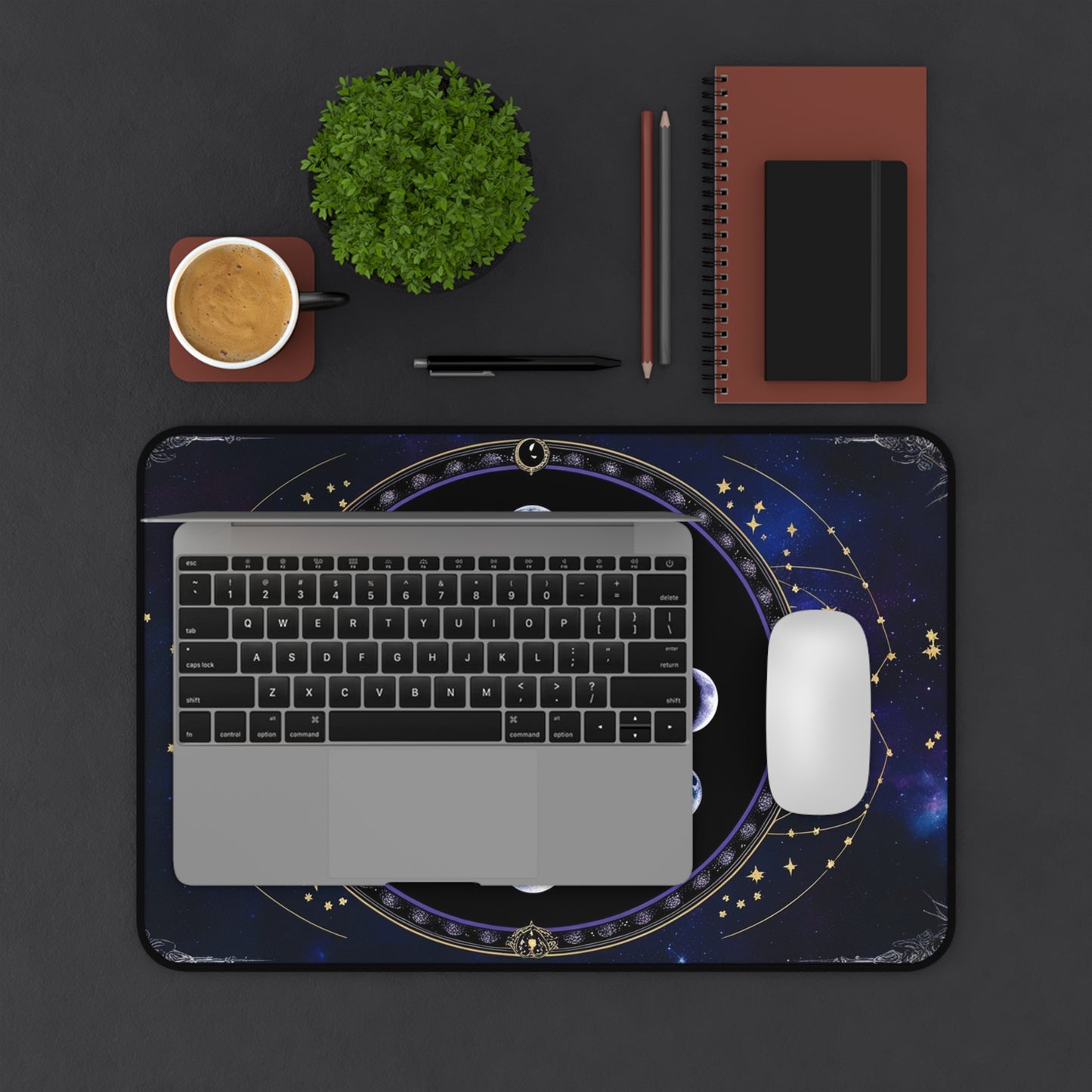 Vintage Gothic Celestial Art Desk Mat, Moon Phase Lunar Mousepad, Eclectic Witch Aesthetic Mousepad, Universe Stars Desk Decor Dark Academia