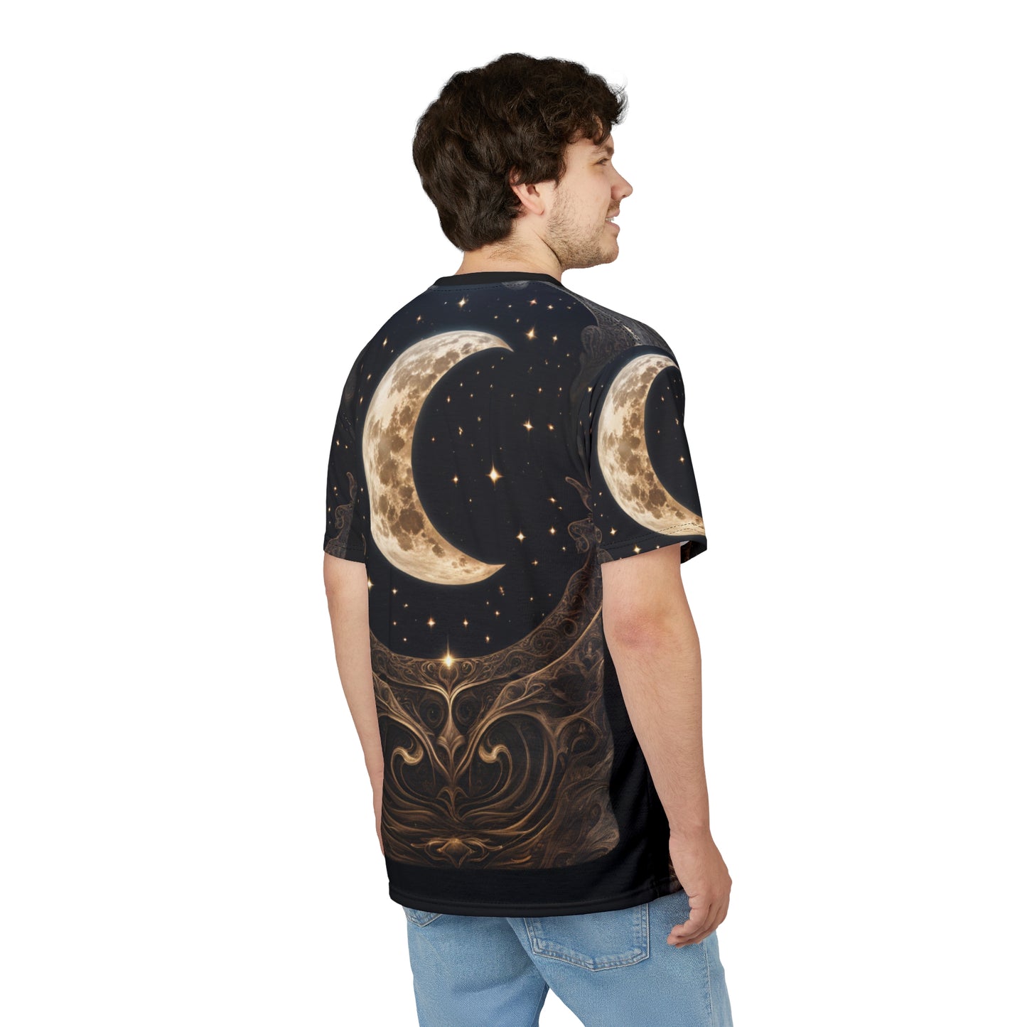 Celestial Moon Unisex Cut & Sew Tee - Night Sky Graphic T-Shirt, Celestial Crescent Moon AOP Shirt