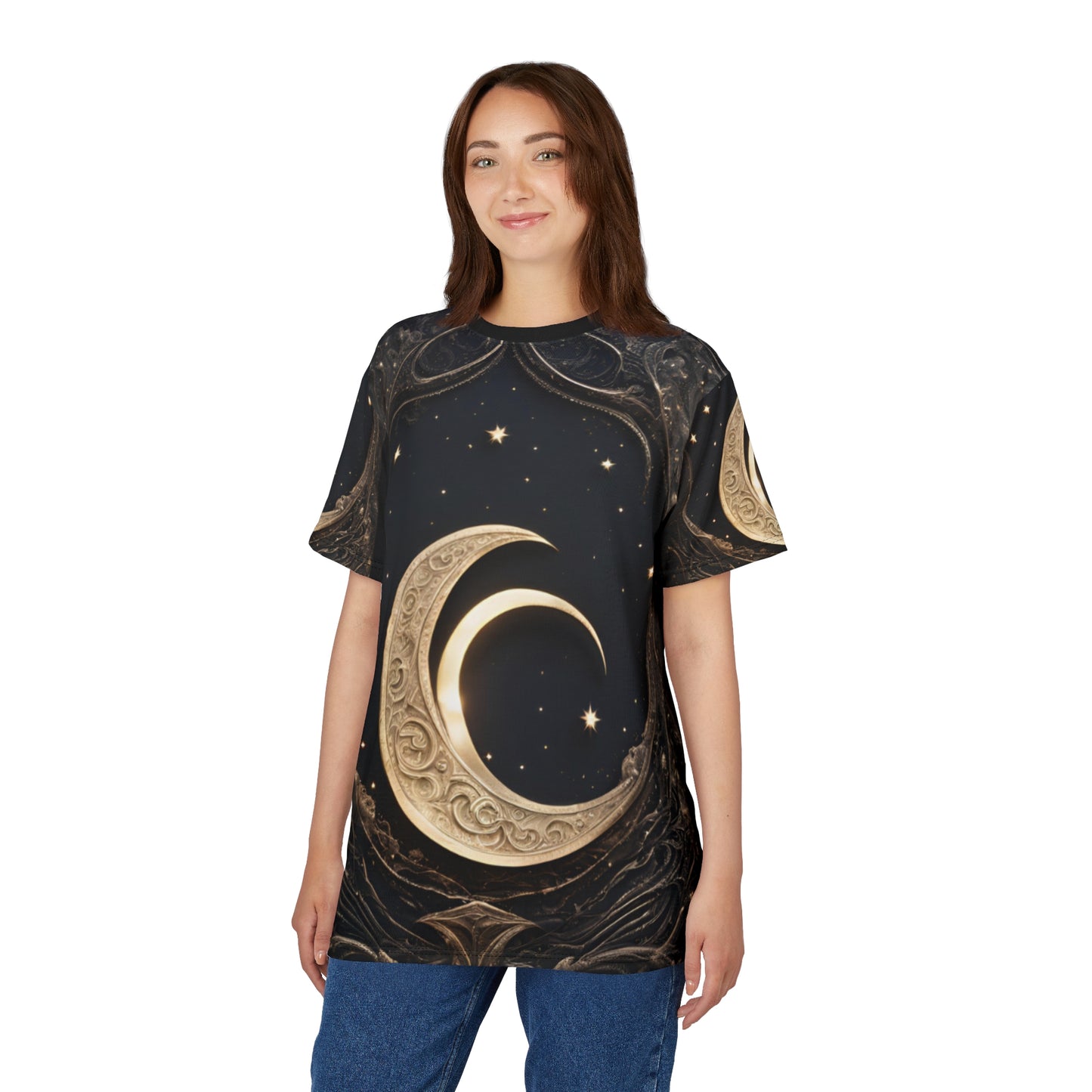 Celestial Moon Unisex Cut & Sew Tee - Night Sky Design for Dreamers, Celestial Crescent Moon AOP Shirt