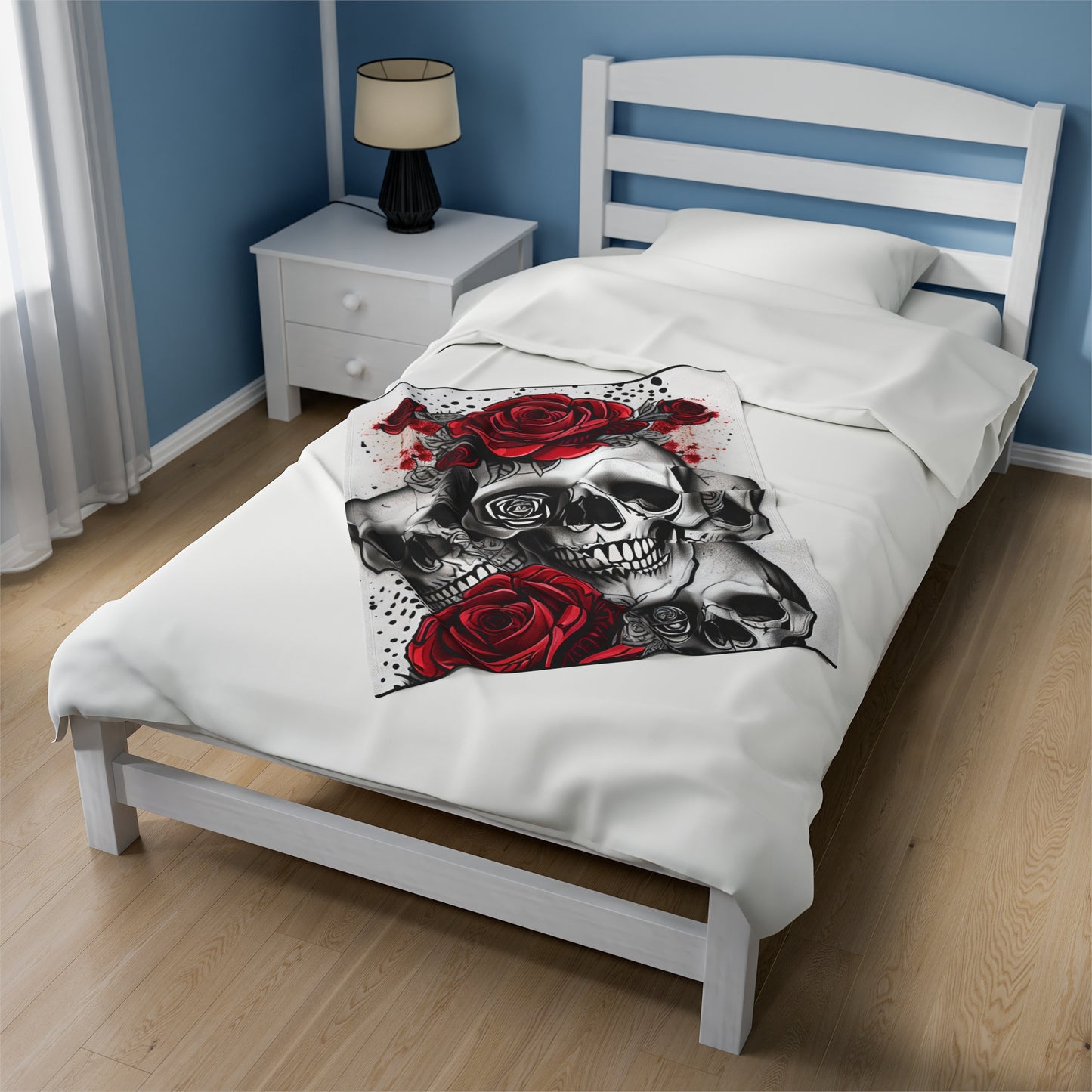 Skull and Roses Velveteen Plush Blanket, Skull and Roses Blanket, Halloween Blanket, Gothic Blanket, Skelton Blanket, Skull Goth Blanket