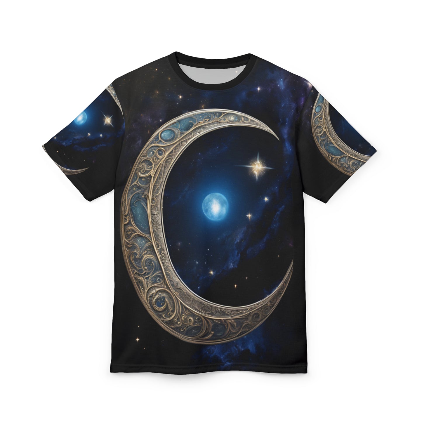 Celestial Chic Unisex Cut & Sew Tee - Mystical Moon & Star Design, Celestial Crescent Moon AOP Shirt