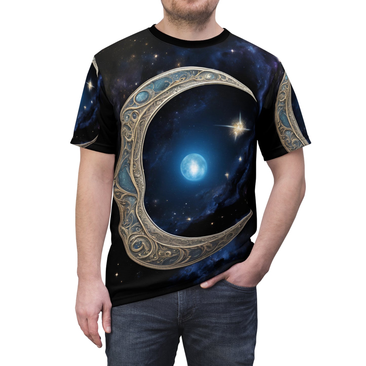 Celestial Chic Unisex Cut & Sew Tee - Mystical Moon & Star Design, Celestial Crescent Moon AOP Shirt