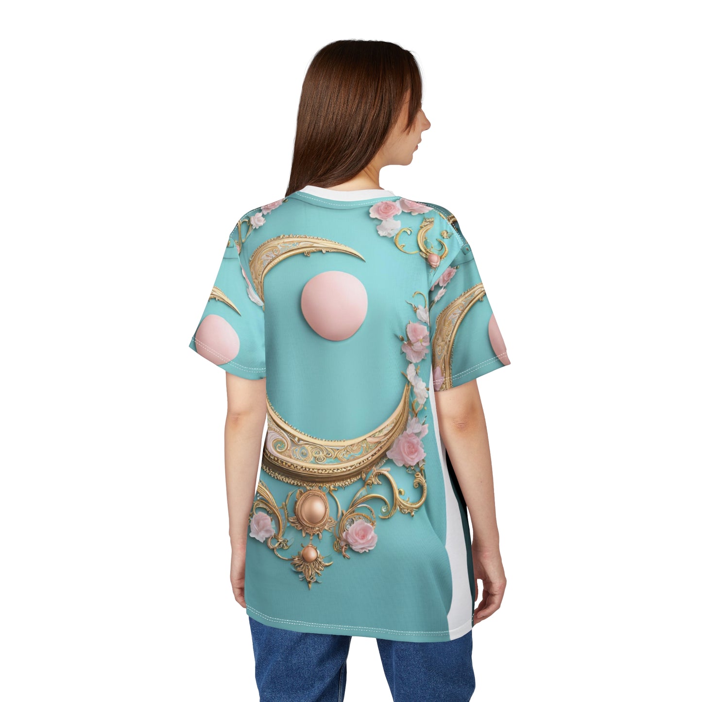 Elegant Moon & Floral Unisex Tee - Stylish Cut & Sew Design, Elegant Crescent Moon AOP Shirt