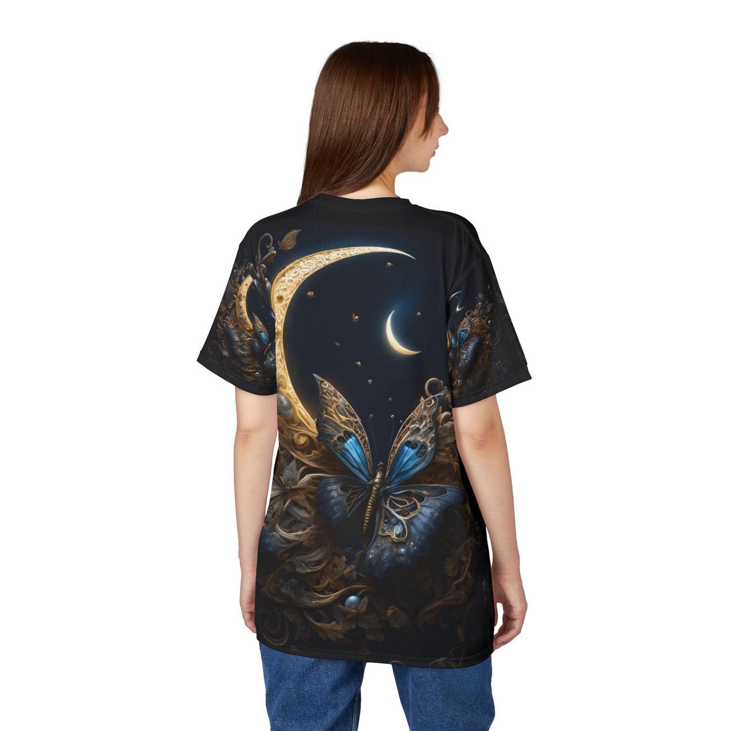 Majestic Butterfly Moon Unisex Tee - Celestial Art & Nature Design, Celestial Butterfly AOP Shirt