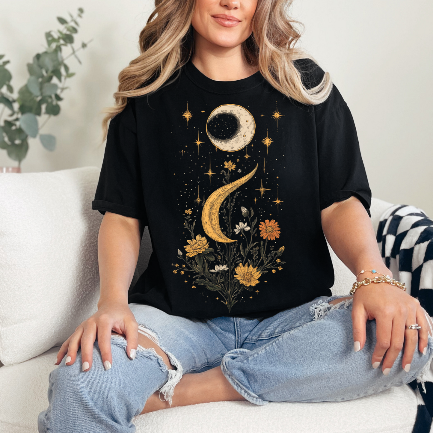 Mystical Moon & Floral Unisex T-Shirt - Garment-Dyed Boho Tee for Nature Lovers, Celestial Cottage Core Shirt