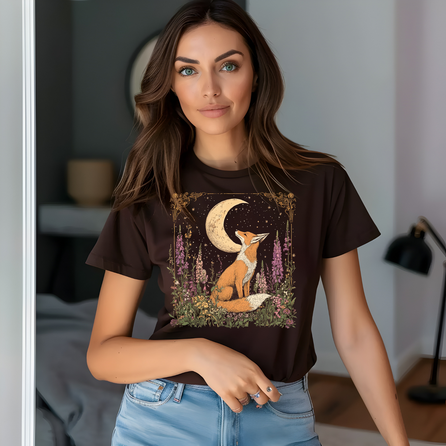 Moonlit Fox Unisex Softstyle T-Shirt | Nature Lover's Tee, Fox Cottage Core Shirt, Celestial Shirt