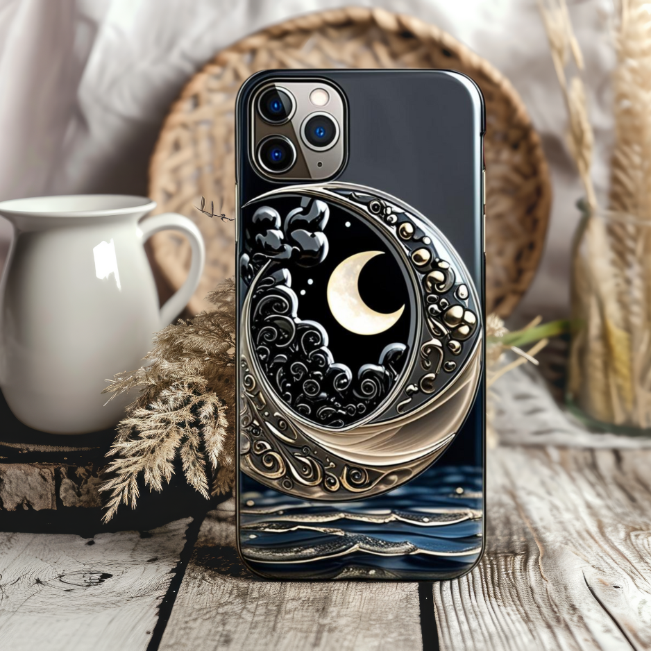 Artistic Phone Case - Moonlight Waves Design, Celestial Phone Case for iPhone, Samsung, and Google Pixel