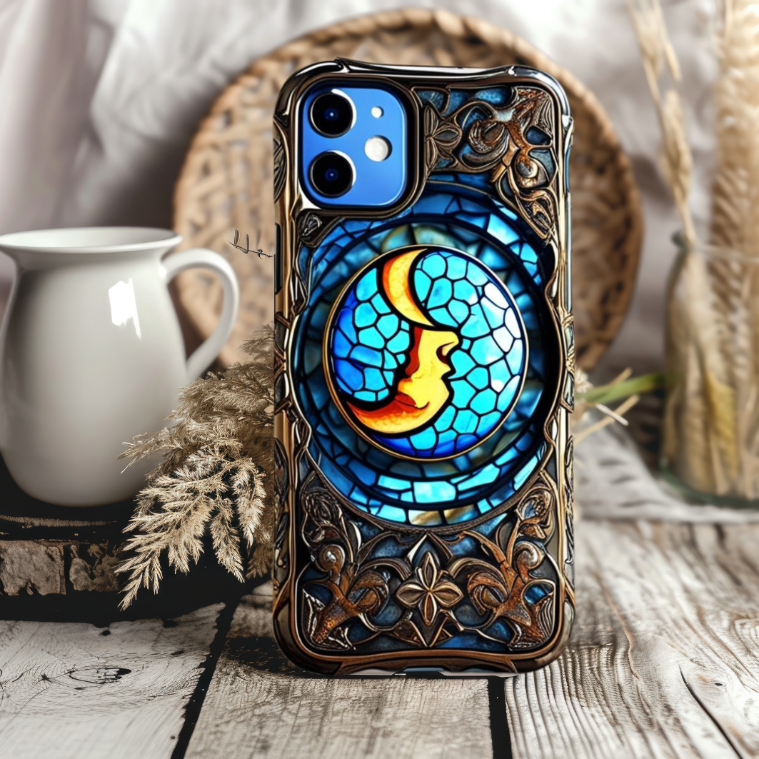 Artistic Stained Glass Phone Case - Tough Cases with Beautiful Moon Design, Celestial Phone Case for iPhone, Samsung, and Google Pixel