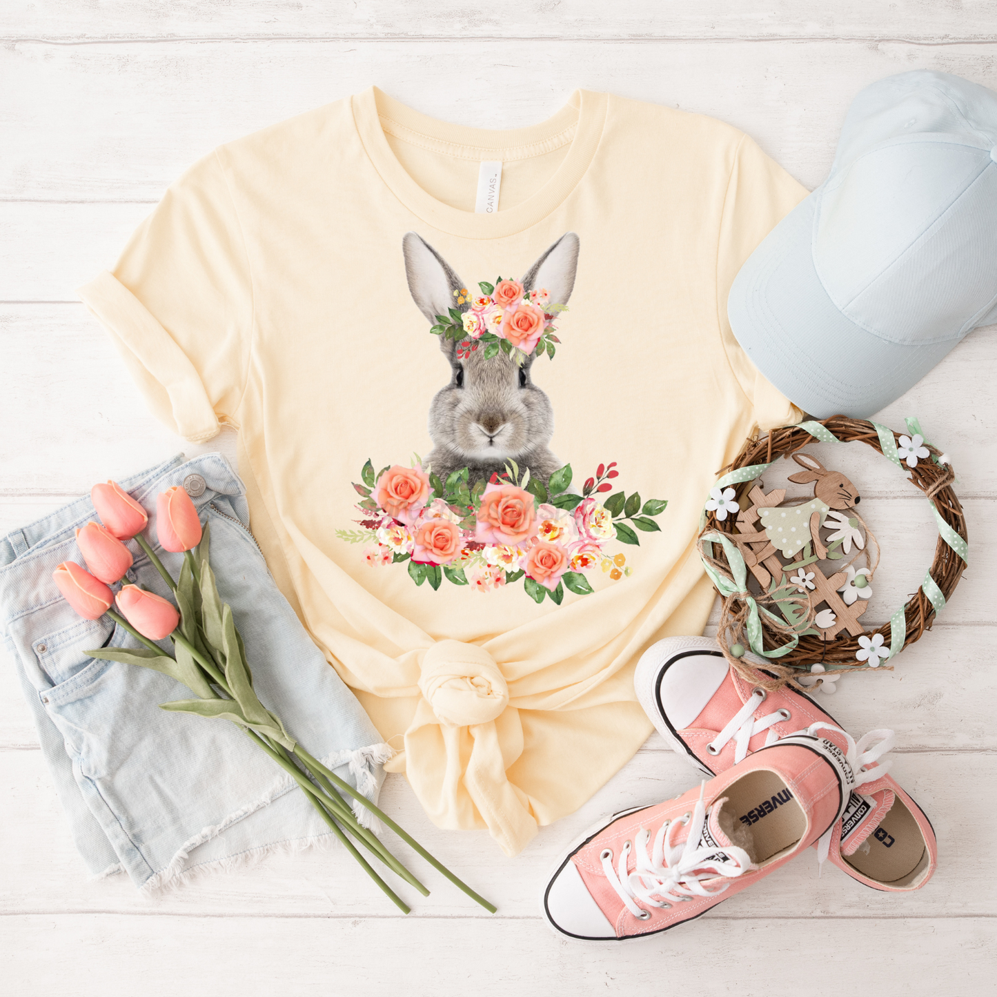 Floral Bunny T-Shirt, Spring Fashion, Garden Party Top, Easter Gift, Nature Lover's Tee, Animal Art Shirt
