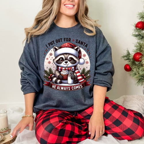 Festive Raccoon Sweatshirt, Cozy Holiday Crewneck, Winter Gift, Ugly Sweater Party, Christmas Sweater, Unisex Holiday Apparel