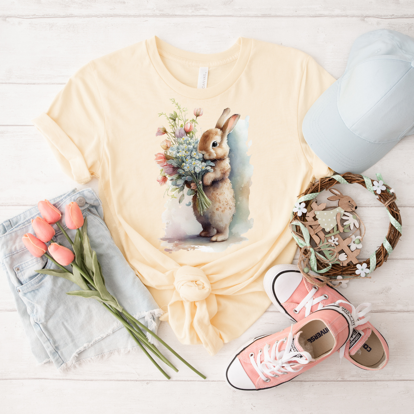 Floral Bunny T-Shirt, Cute Spring Tee, Rabbit Graphic Shirt, Gift for Animal Lovers, Easter Apparel, Garden Party Top
