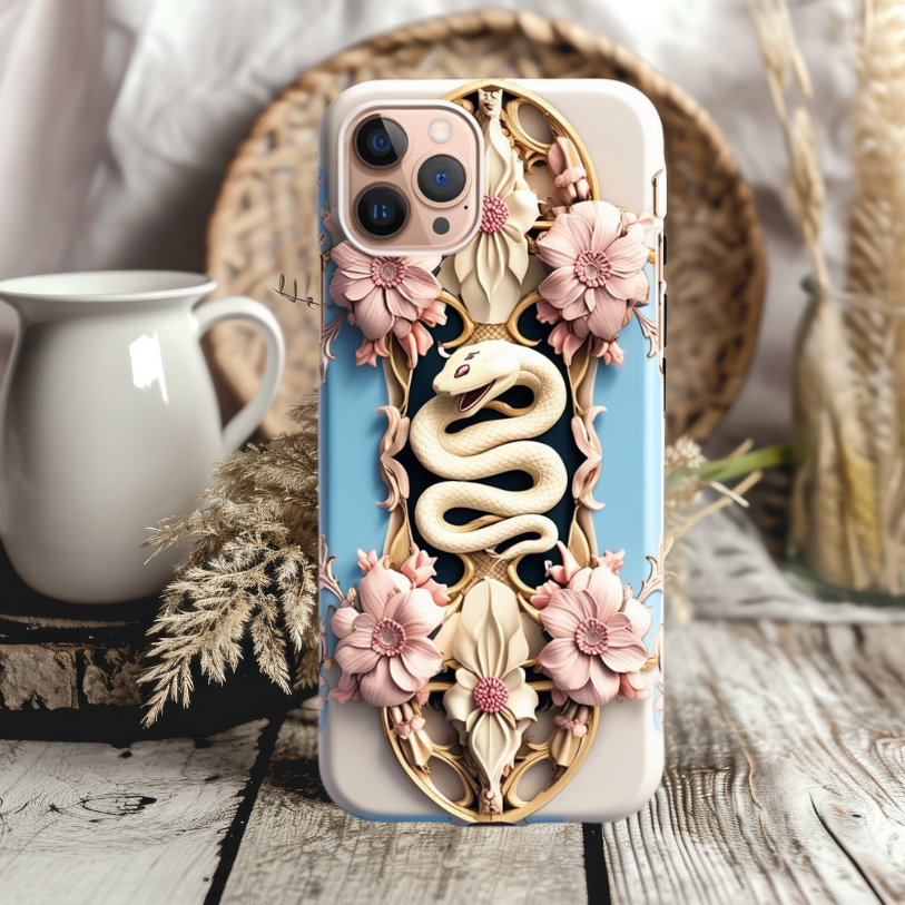 Artistic Snake Phone Case - Floral Design, Tough & Stylish, Elegant Snake and Flowers Phone Case for iPhone, Samsung, and Google Pixel