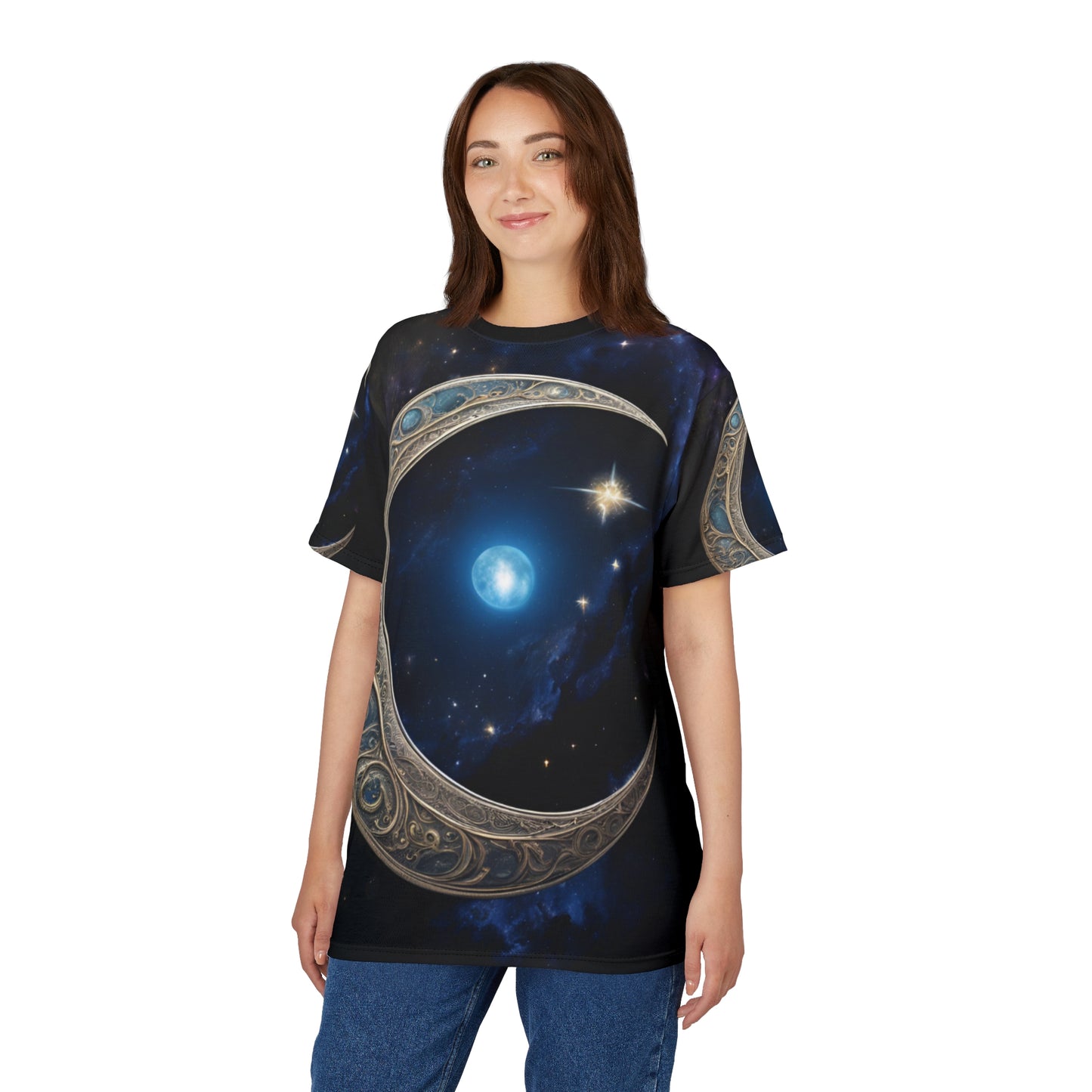 Celestial Chic Unisex Cut & Sew Tee - Mystical Moon & Star Design, Celestial Crescent Moon AOP Shirt