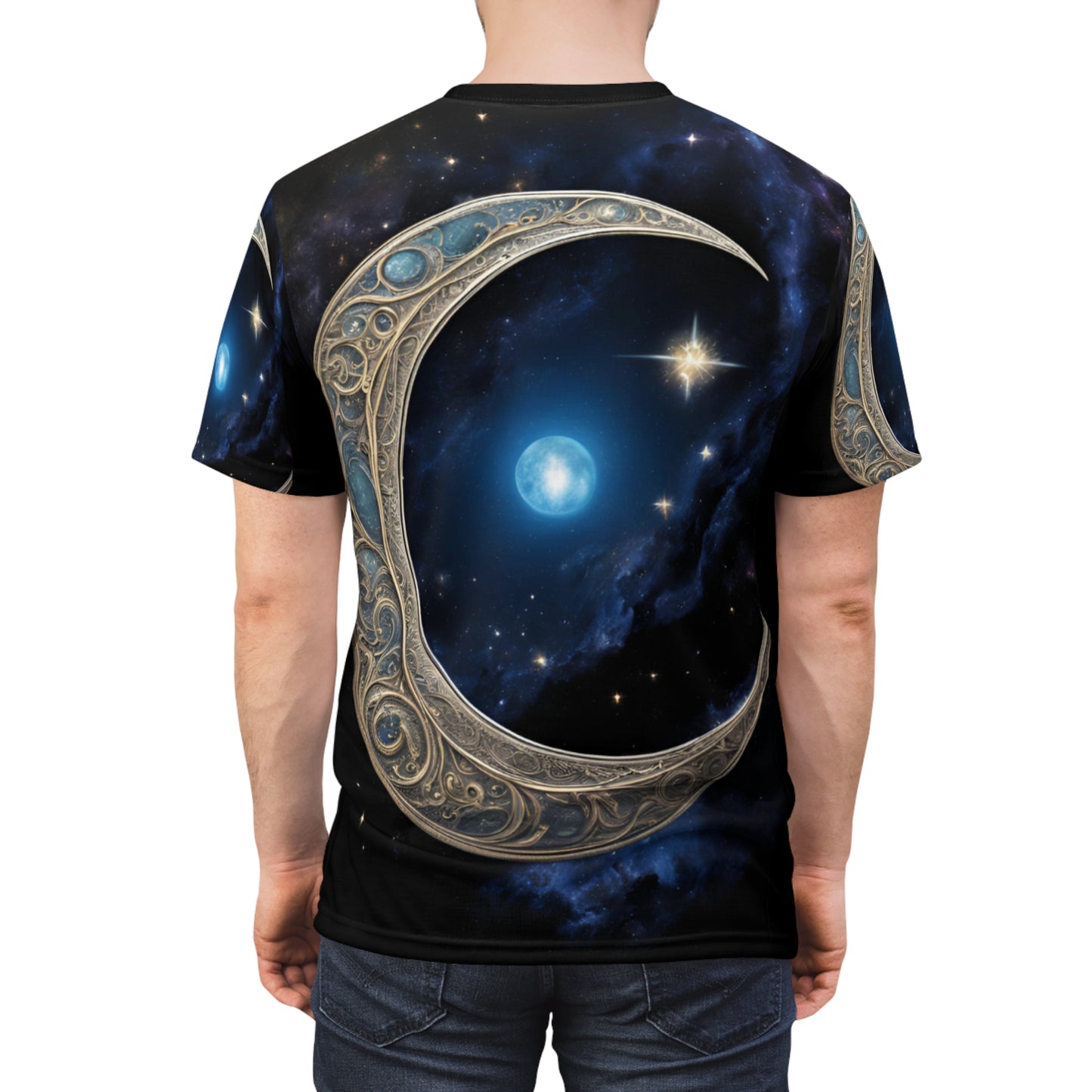 Celestial Chic Unisex Cut & Sew Tee - Mystical Moon & Star Design, Celestial Crescent Moon AOP Shirt