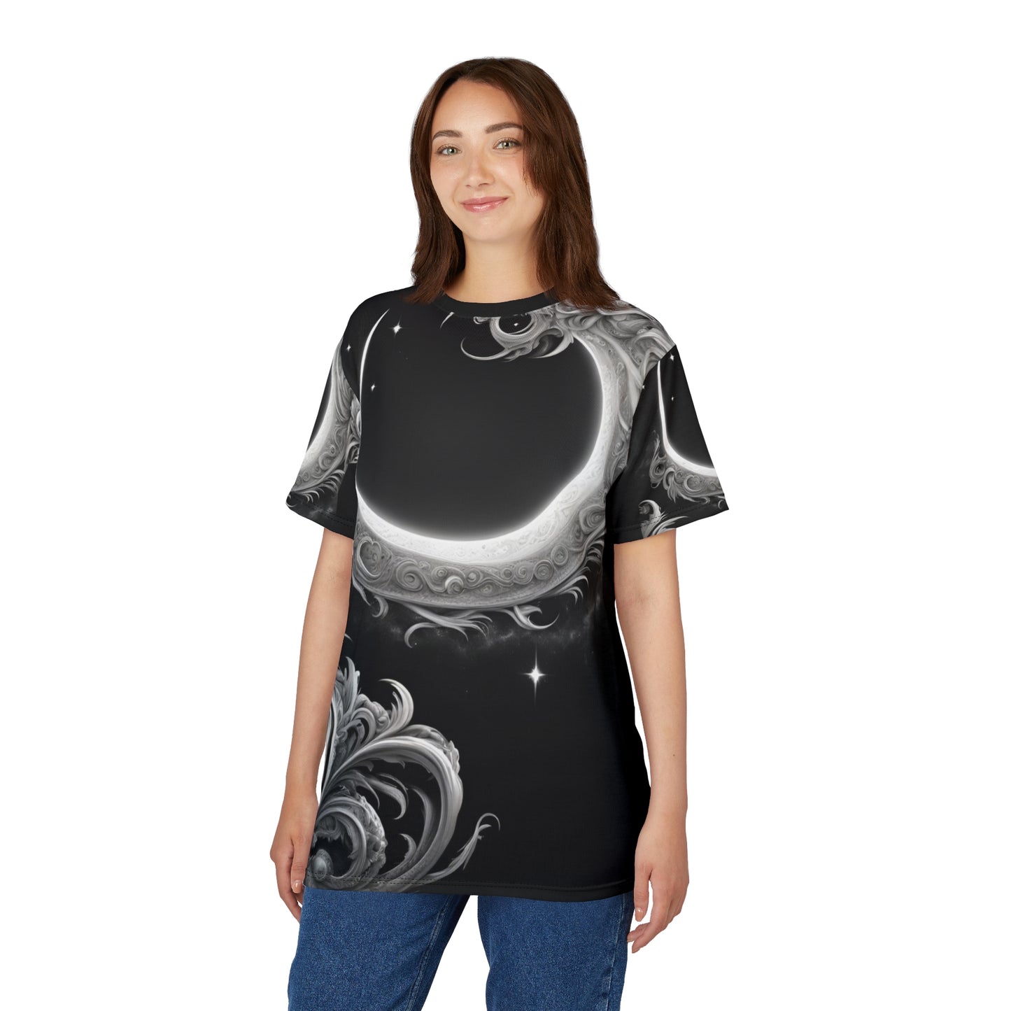 Ethereal Moon Phase Unisex Cut & Sew Tee - Celestial Black Graphic T-Shirt