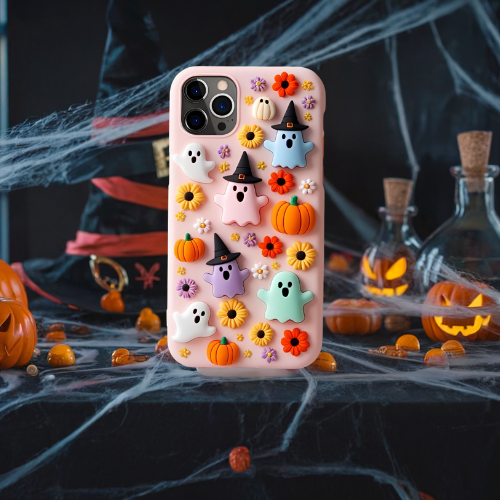 Halloween 3d look pink pastel clay ghost floral cute flower iPhone, Samsung, and Google Pixel. Halloween Doodle Phone Case