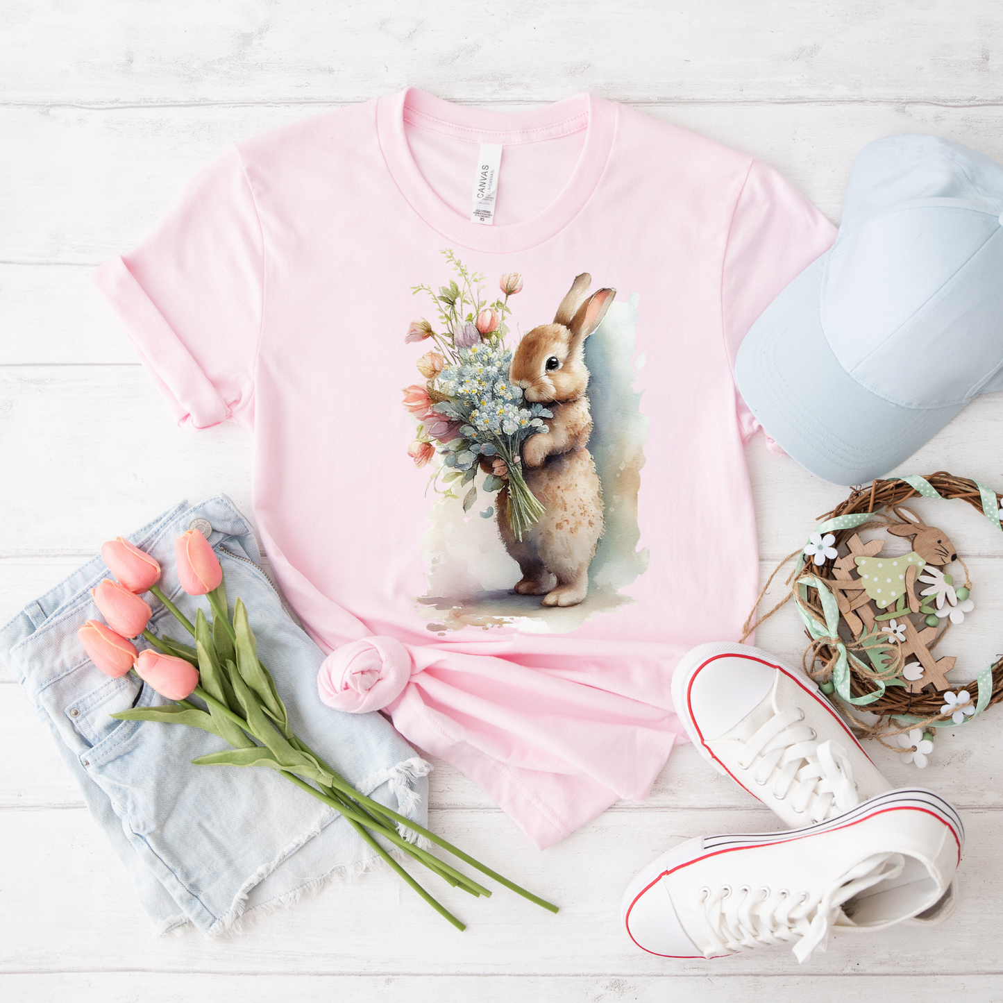 Floral Bunny T-Shirt, Cute Spring Tee, Rabbit Graphic Shirt, Gift for Animal Lovers, Easter Apparel, Garden Party Top