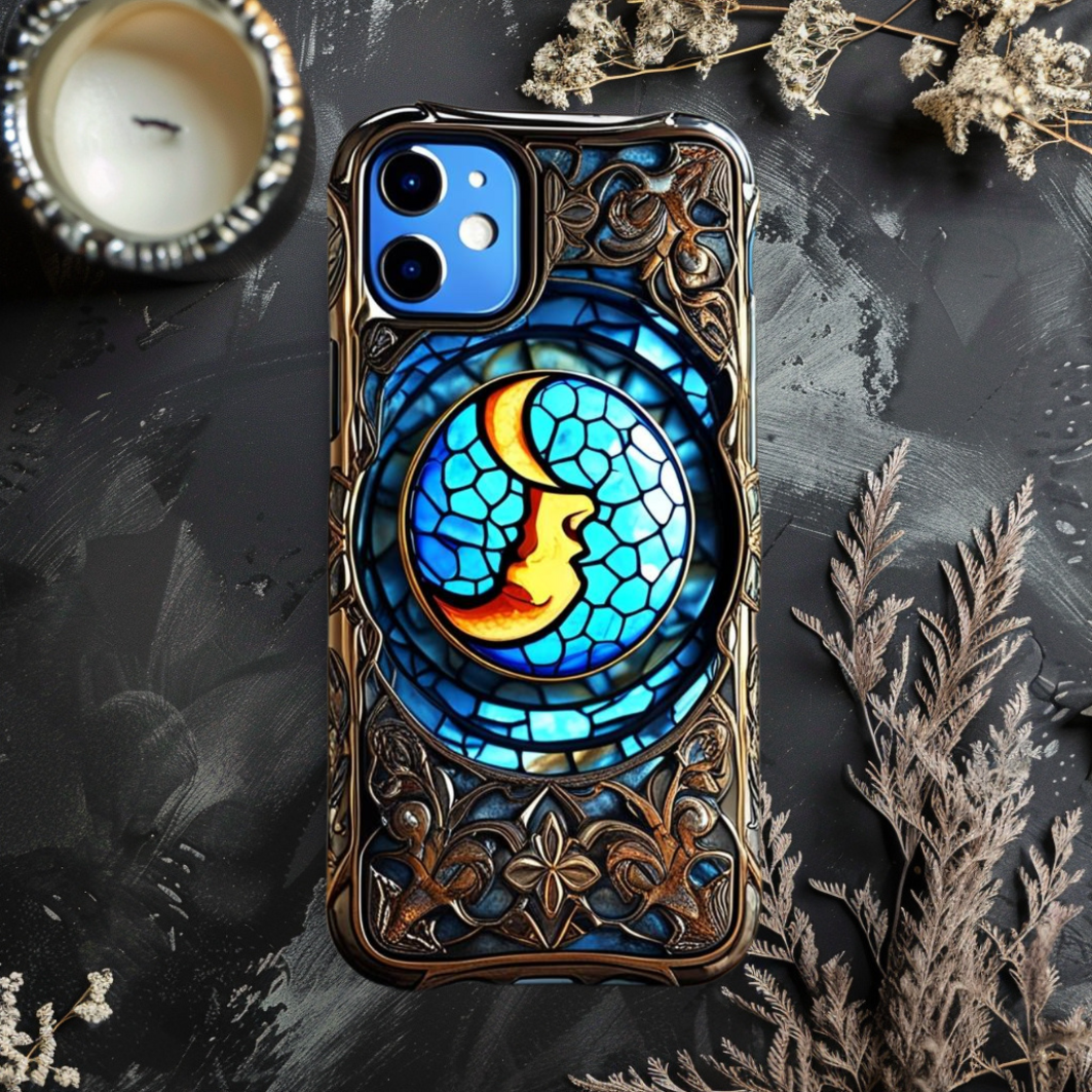 Artistic Stained Glass Phone Case - Tough Cases with Beautiful Moon Design, Celestial Phone Case for iPhone, Samsung, and Google Pixel