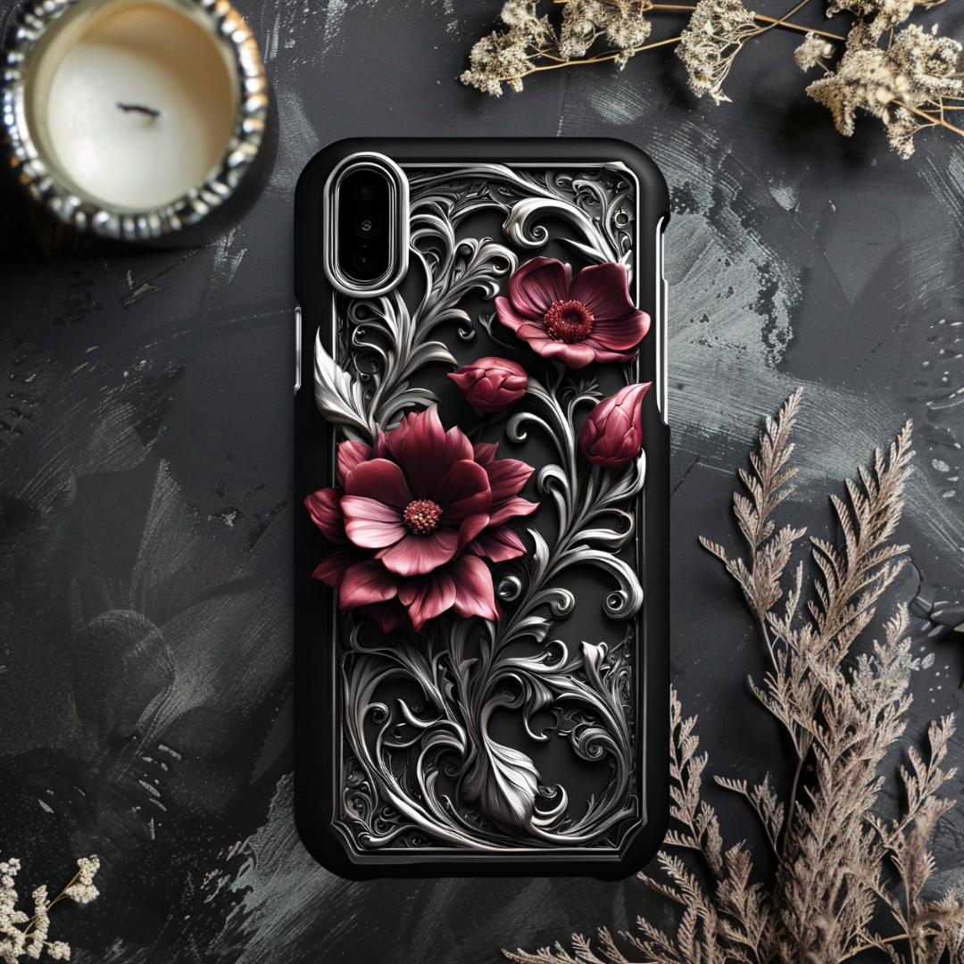 Floral Tough Phone Case – Durable Protection with Elegant Design, Gothic Flowers Phone Case for iPhone, Samsung, and Google Pixel