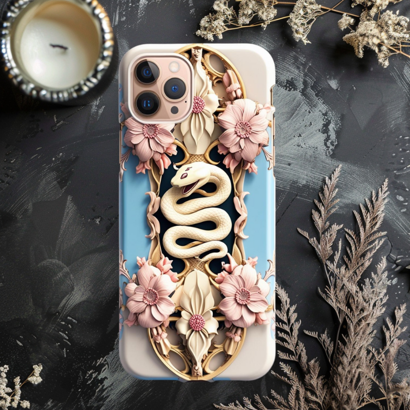 Artistic Snake Phone Case - Floral Design, Tough & Stylish, Elegant Snake and Flowers Phone Case for iPhone, Samsung, and Google Pixel