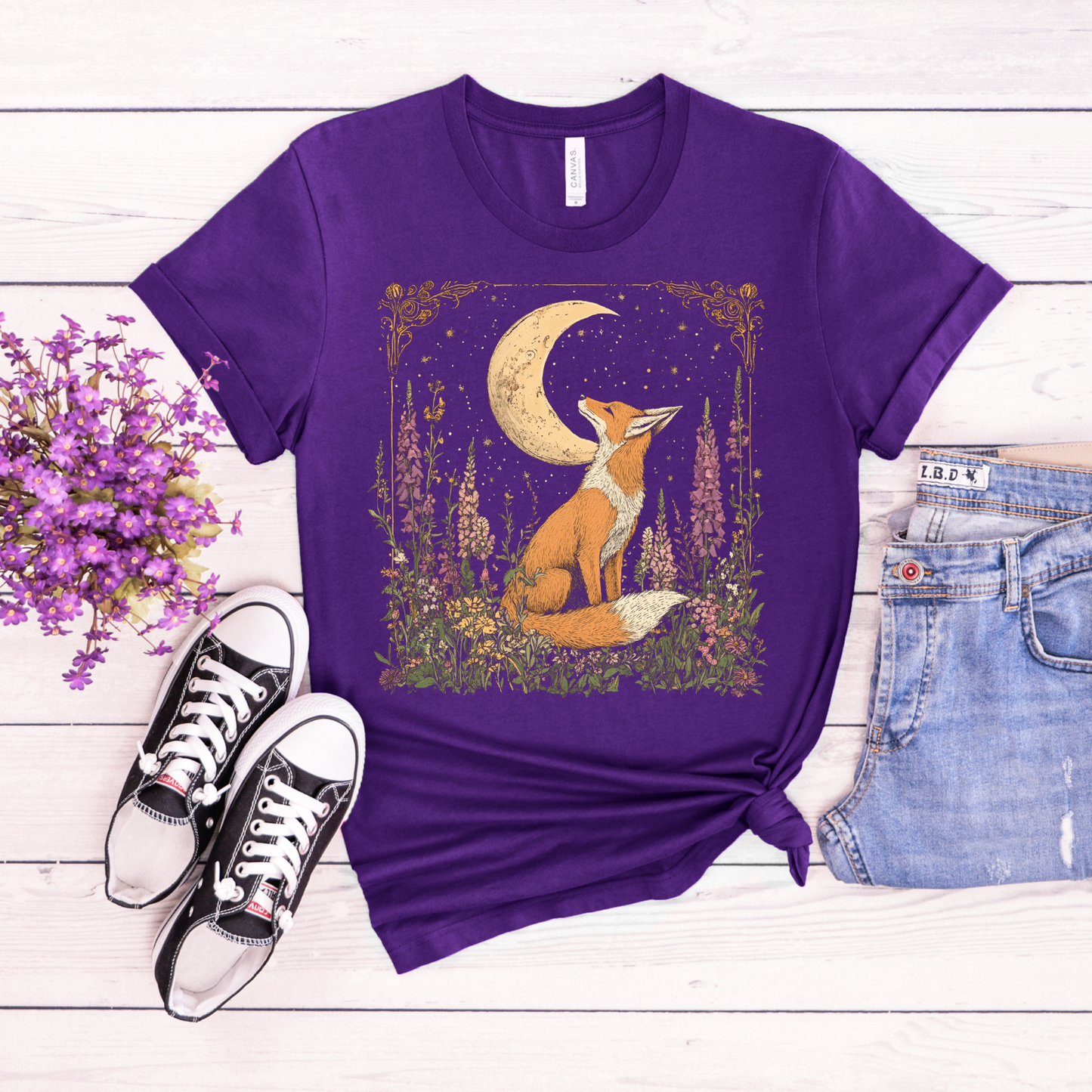 Moonlit Fox Unisex Softstyle T-Shirt | Nature Lover's Tee, Fox Cottage Core Shirt, Celestial Shirt