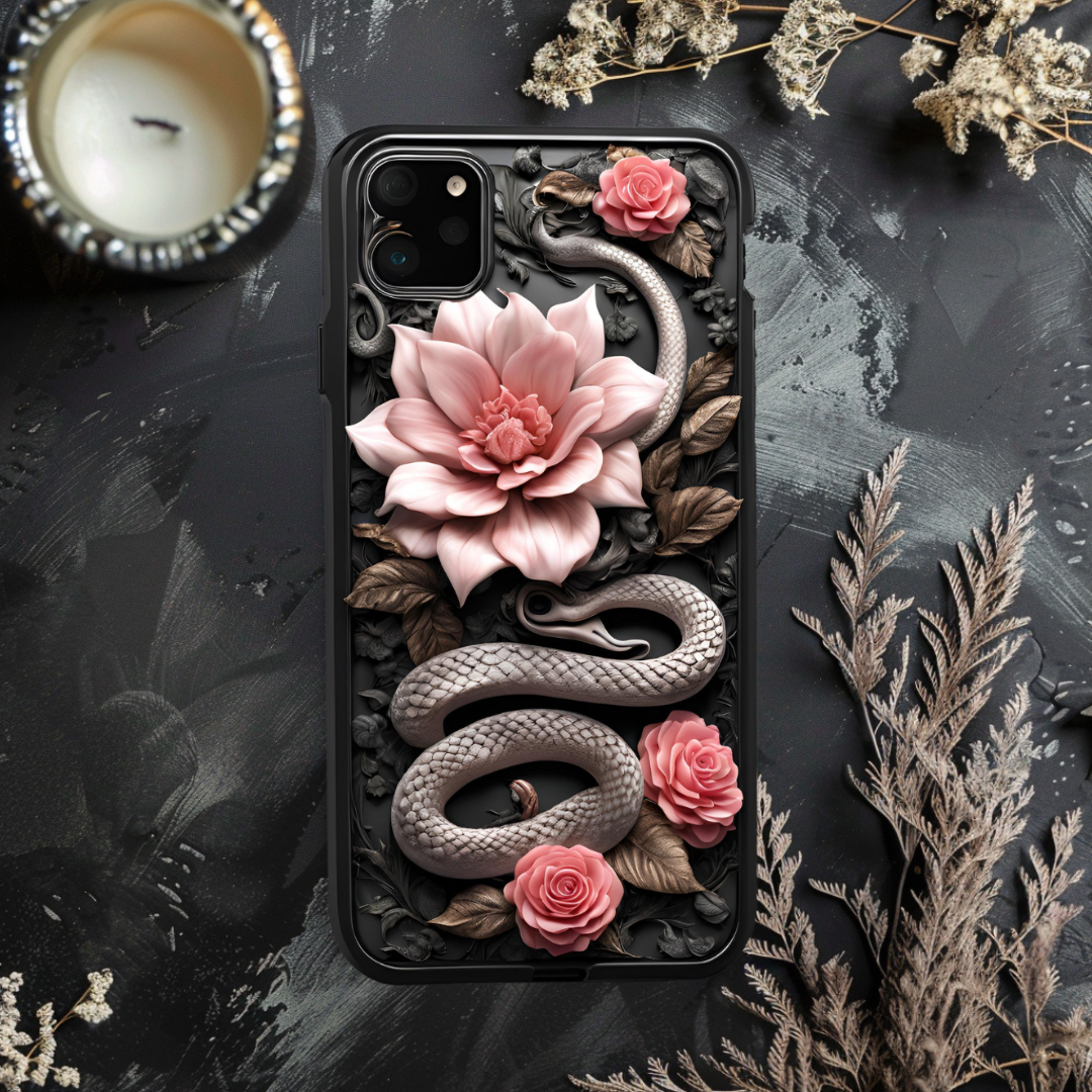 Artistic Snake and Flower iPhone Case - Tough Cases for Nature Lovers, 3D Snake and Flowers Phone Case for iPhone, Samsung, and Google Pixel