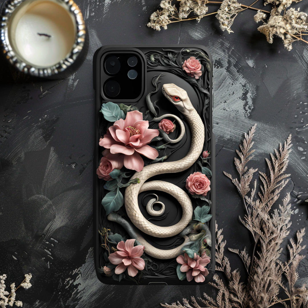 Serpent Floral iPhone Case - Elegant Tough Protection, 3D Snake and Flowers Phone Case for iPhone, Samsung, and Google Pixel