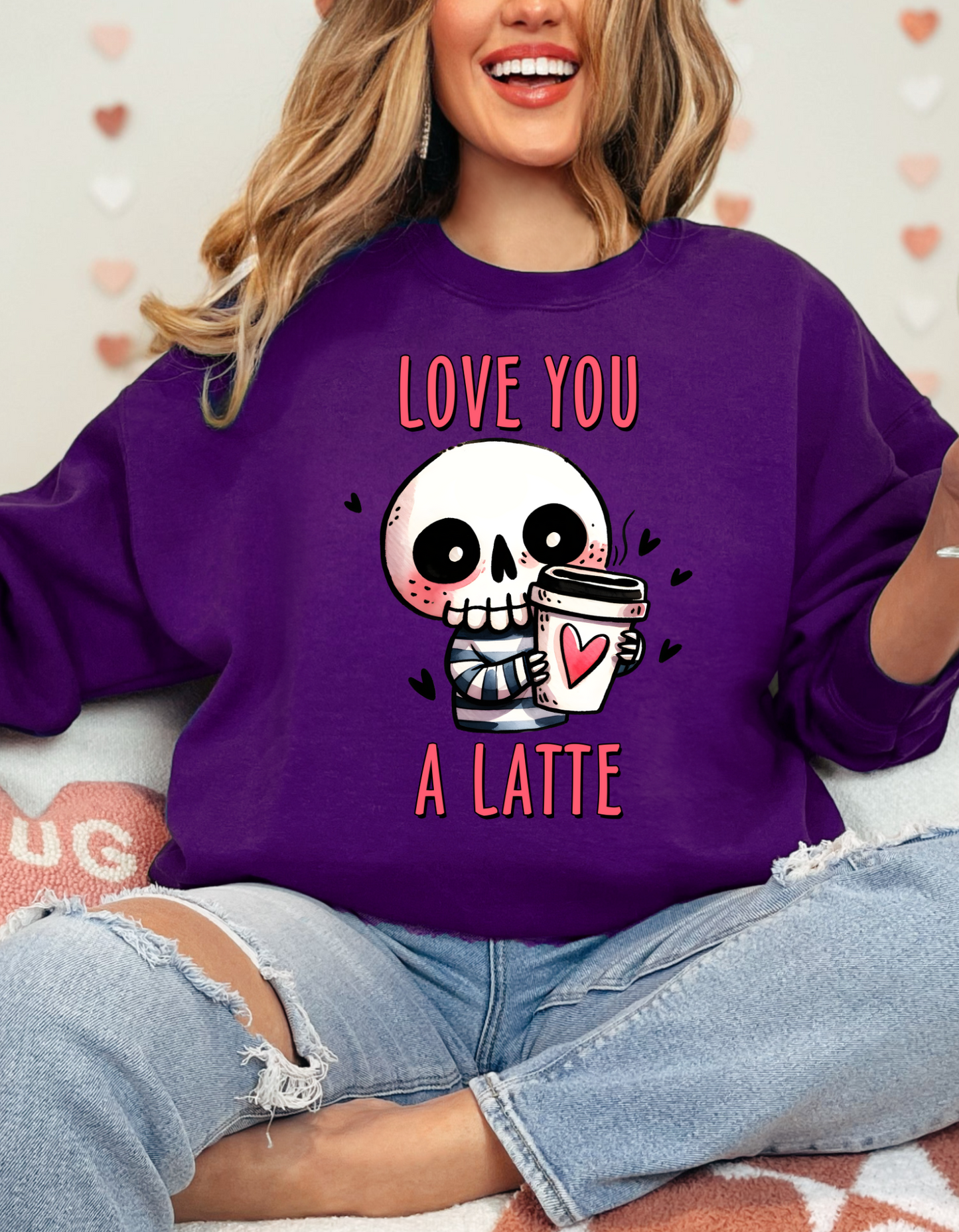 Valentine's Day Sweatshirt, Cute Skull Love You A Latte Sweatshirt, Cozy Unisex Crewneck, Valentine's Gift, Goth Apparel, Coffee Lover Sweatshirt
