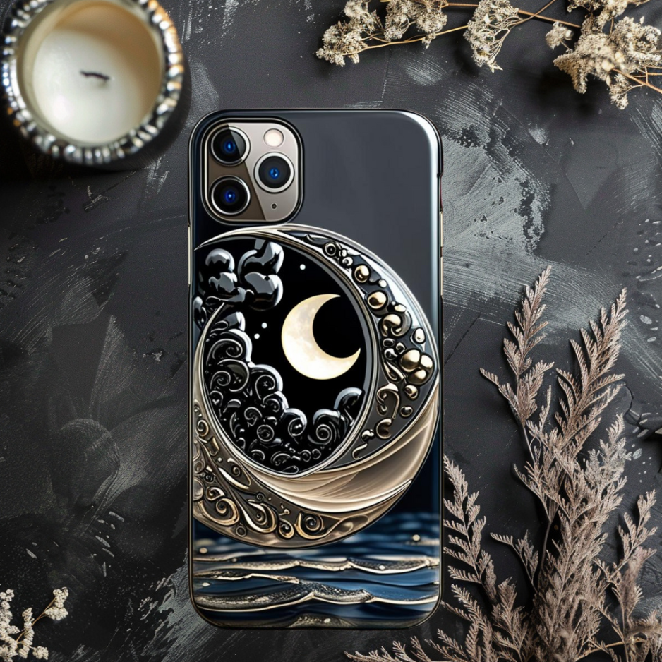 Artistic Phone Case - Moonlight Waves Design, Celestial Phone Case for iPhone, Samsung, and Google Pixel