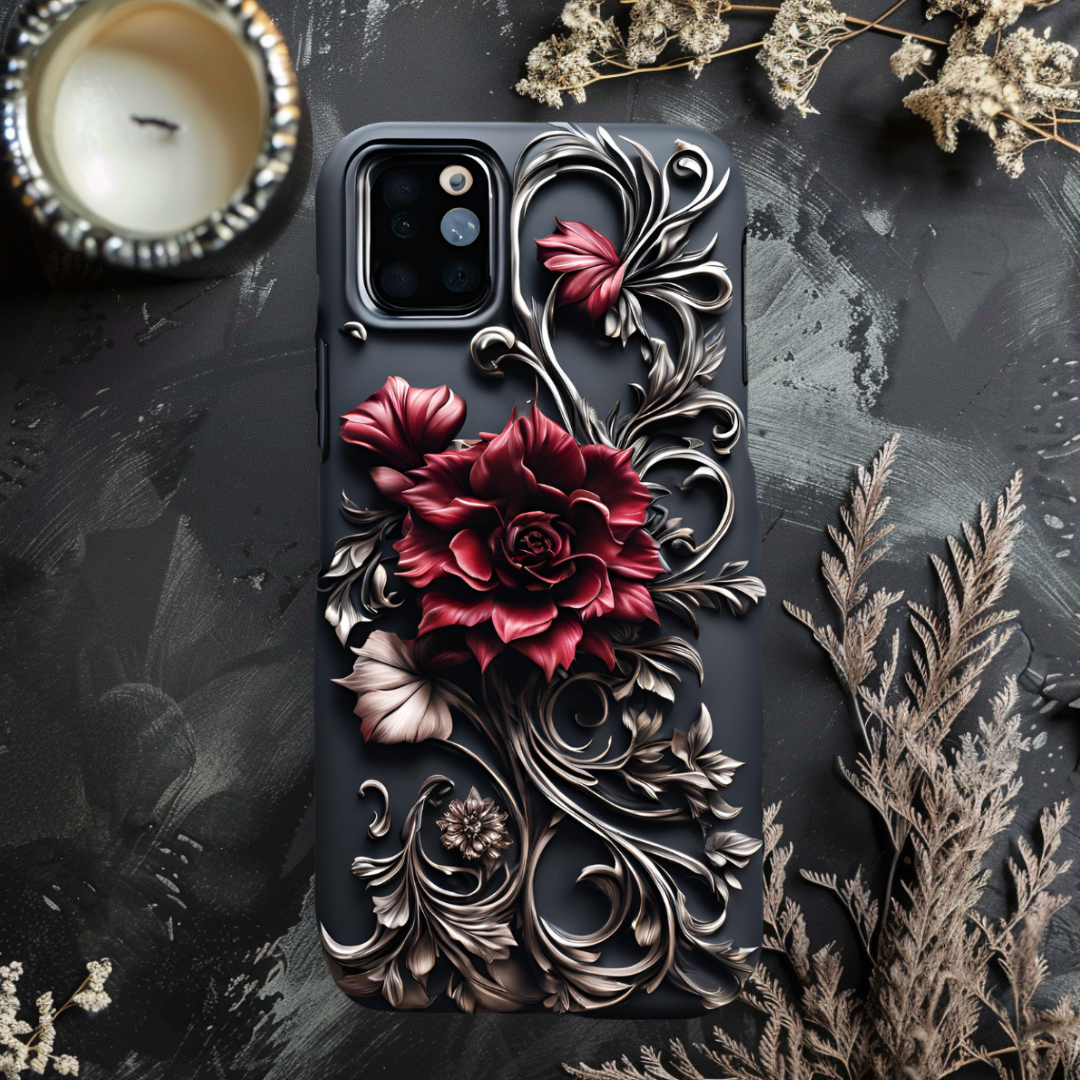 Floral Tough Phone Case - Durable & Stylish Protective Cover, Gothic Flowers Phone Case for iPhone, Samsung, and Google Pixel