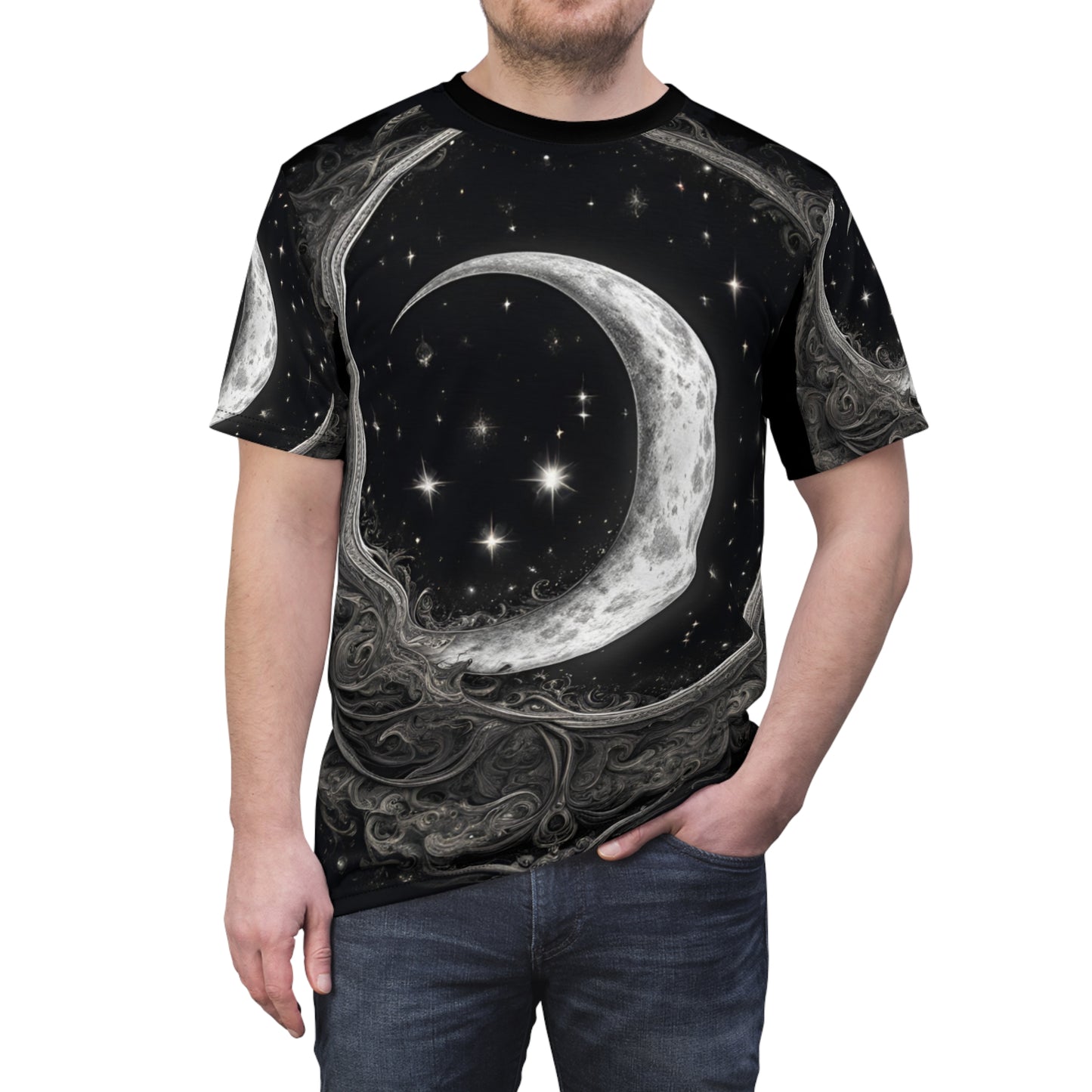 Celestial Moon Unisex Tee - Cosmic Black Design, Black and White Celestial Crescent Moon AOP Shirt