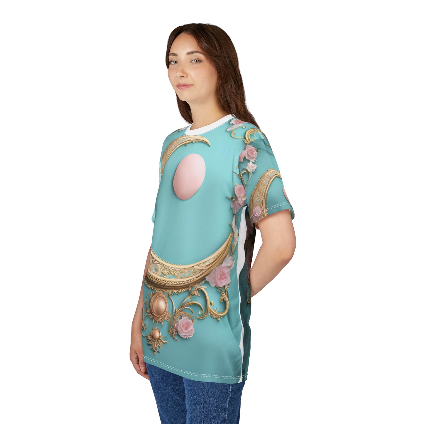 Elegant Moon & Floral Unisex Tee - Stylish Cut & Sew Design, Elegant Crescent Moon AOP Shirt