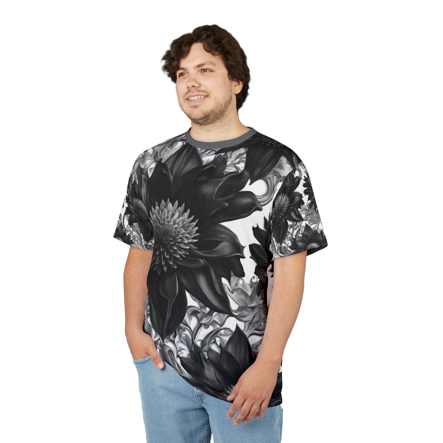 Elegant Floral Unisex Tee - Black & White Design, Gothic Black and White Flowers Shirt, Goth Flowers AOP Shirt